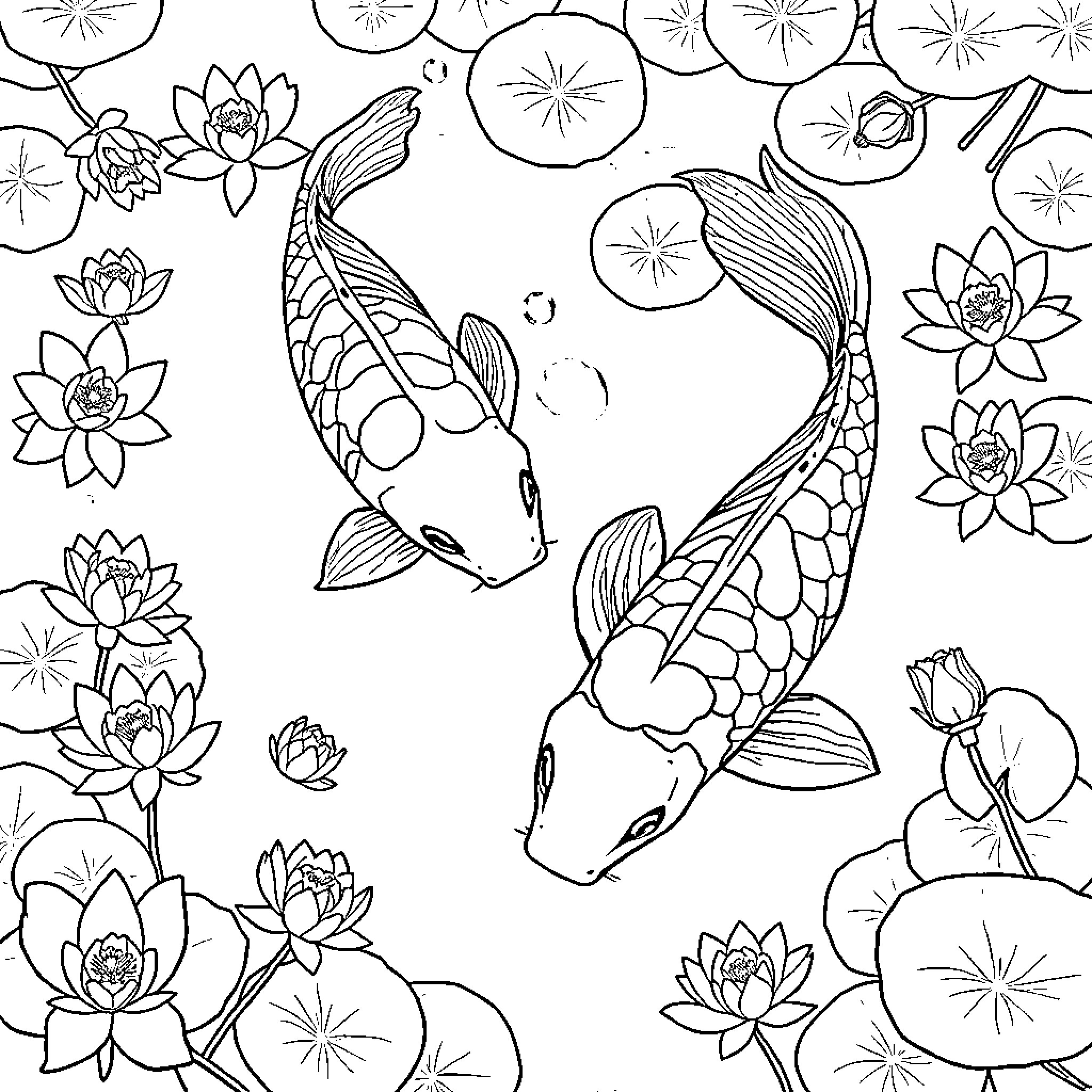 Koi fish swimming gracefully among lotus flowers Coloring Page (free black-and-white line drawing printable PDF for all, from beginners to advanced learners, including children, teens, adults, and seniors)