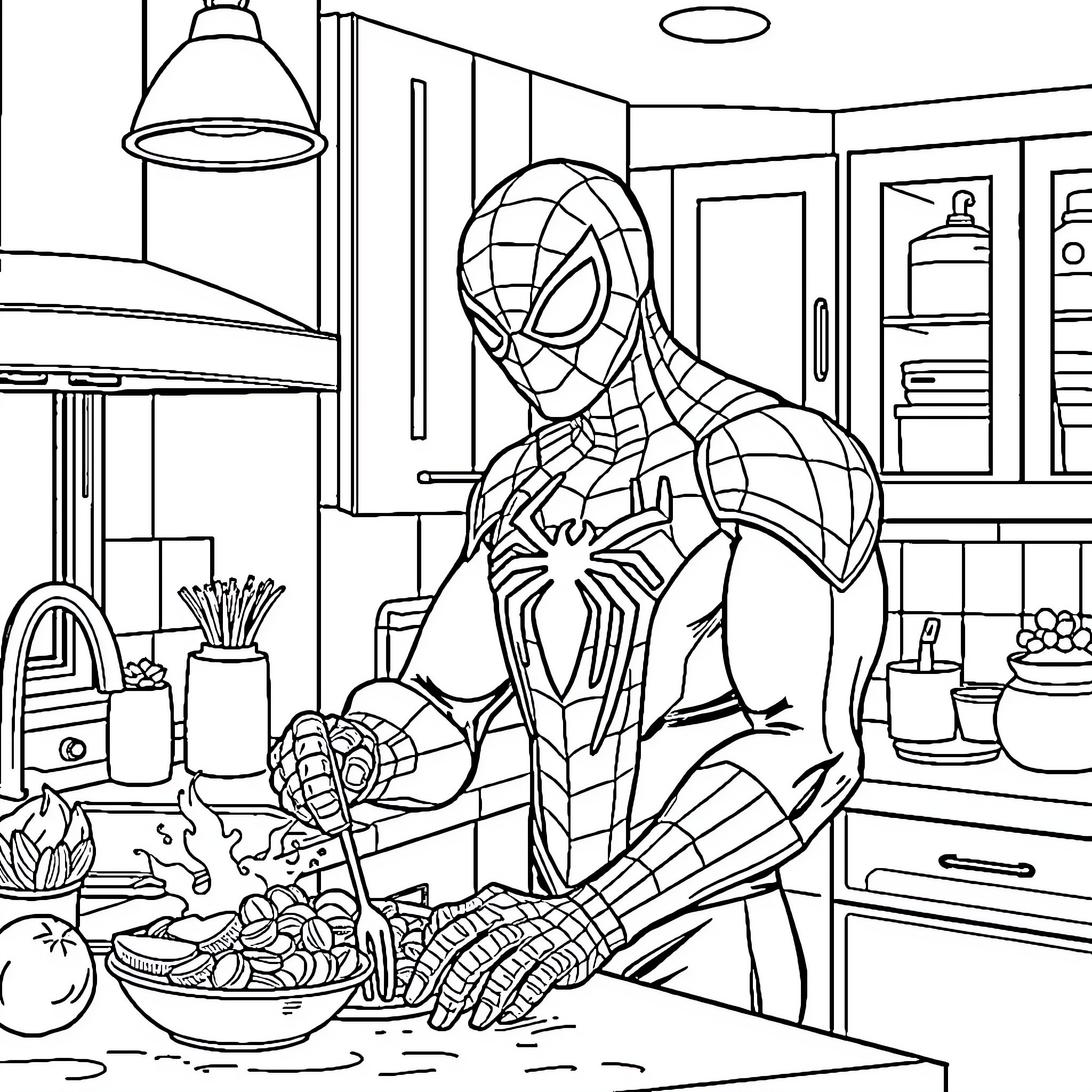 Spiderman preparing a healthy meal in the kitchen Coloring Page (free black-and-white line drawing printable PDF for all, from beginners to advanced learners, including children, teens, adults, and seniors)