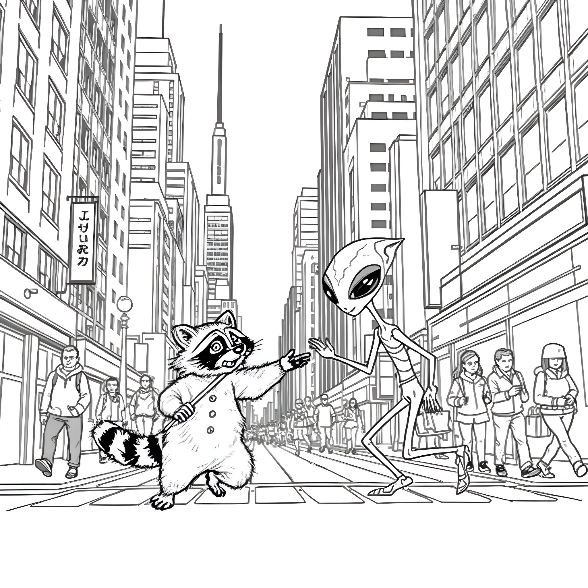 Raccoon exploring the bustling city streets Coloring Page (free black-and-white line drawing printable PDF for all, from beginners to advanced learners, including children, teens, adults, and seniors)