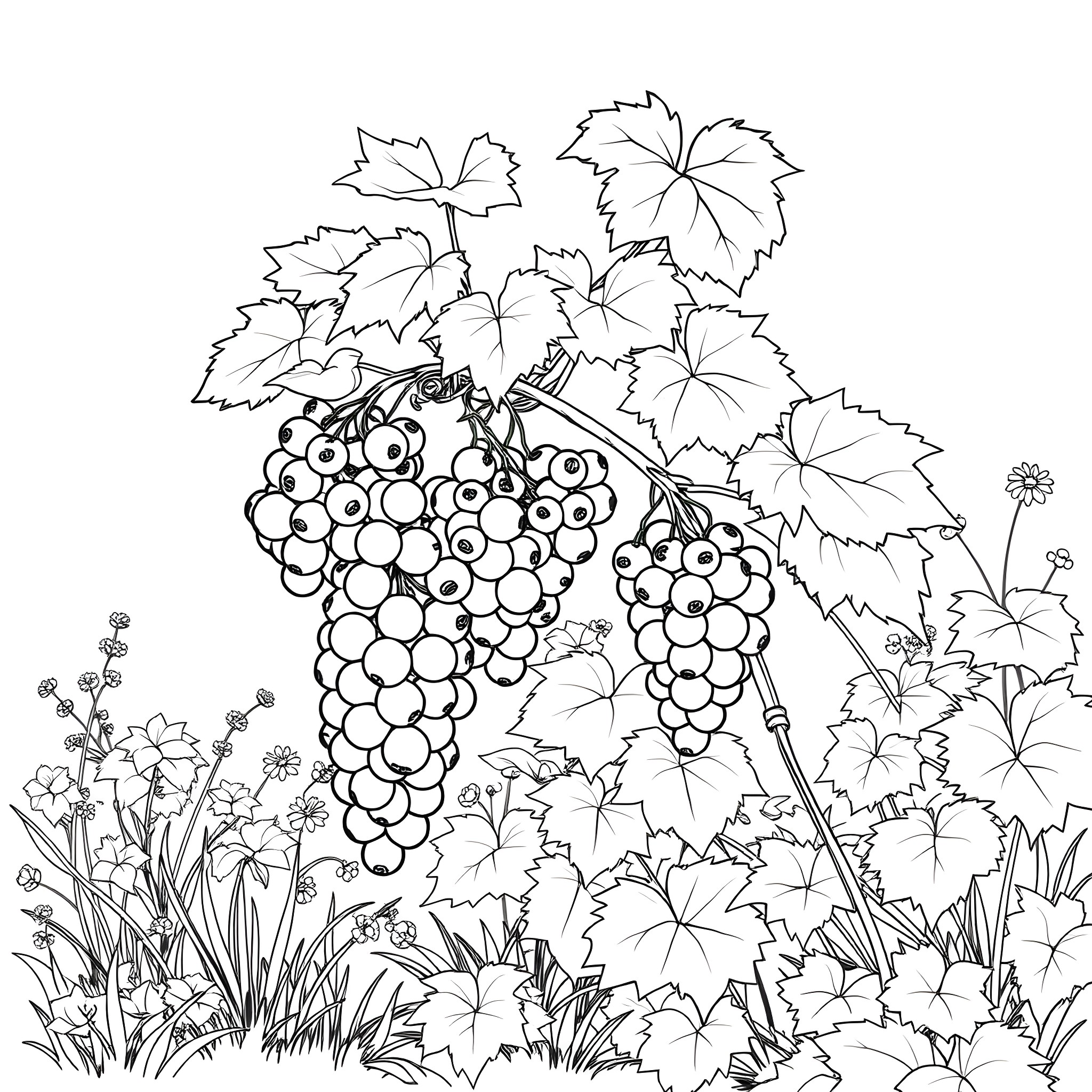 Currant Grapes Flourishing in Lush Foliage Coloring Page (free black-and-white line drawing printable PDF for all, from beginners to advanced learners, including children, teens, adults, and seniors)