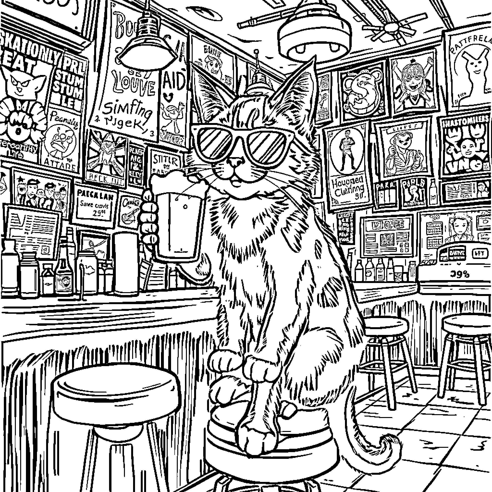 Cat relaxing in a quirky cafe Coloring Page (free black-and-white line drawing printable PDF for all, from beginners to advanced learners, including children, teens, adults, and seniors)