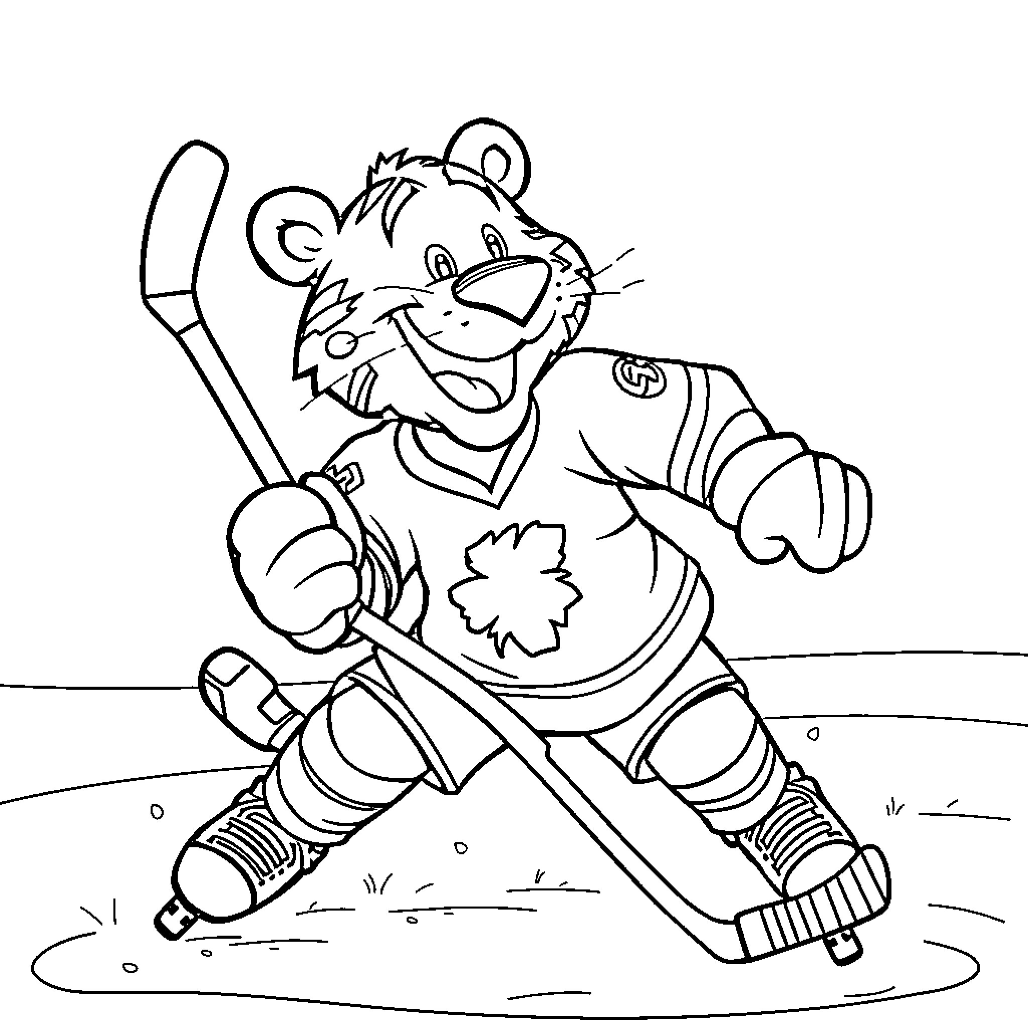 Tony the Tiger playing hockey on ice Coloring Page (free black-and-white line drawing printable PDF for all, from beginners to advanced learners, including children, teens, adults, and seniors)
