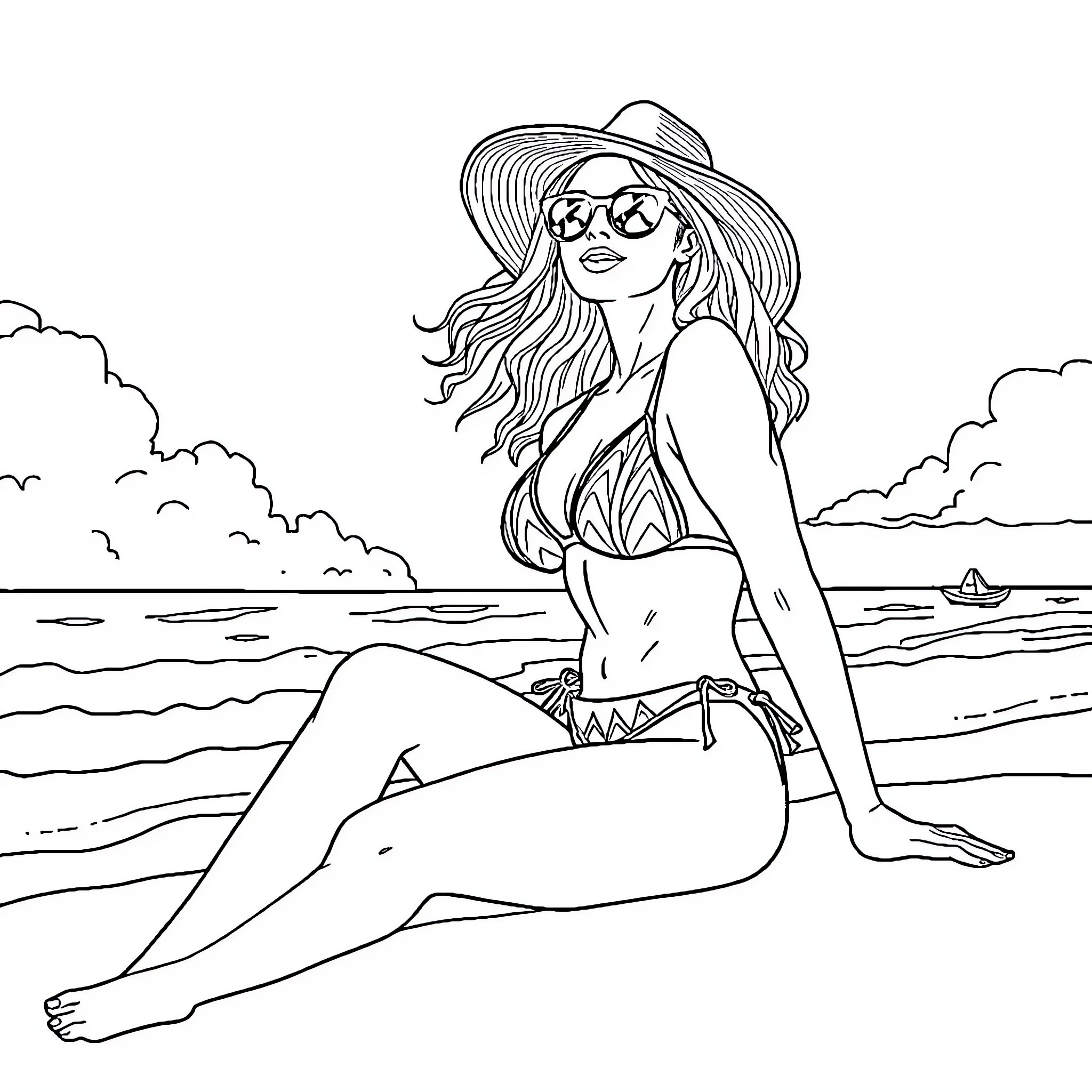 Woman relaxing on the beach in swimwear Coloring Page (free black-and-white line drawing printable PDF for all, from beginners to advanced learners, including children, teens, adults, and seniors)