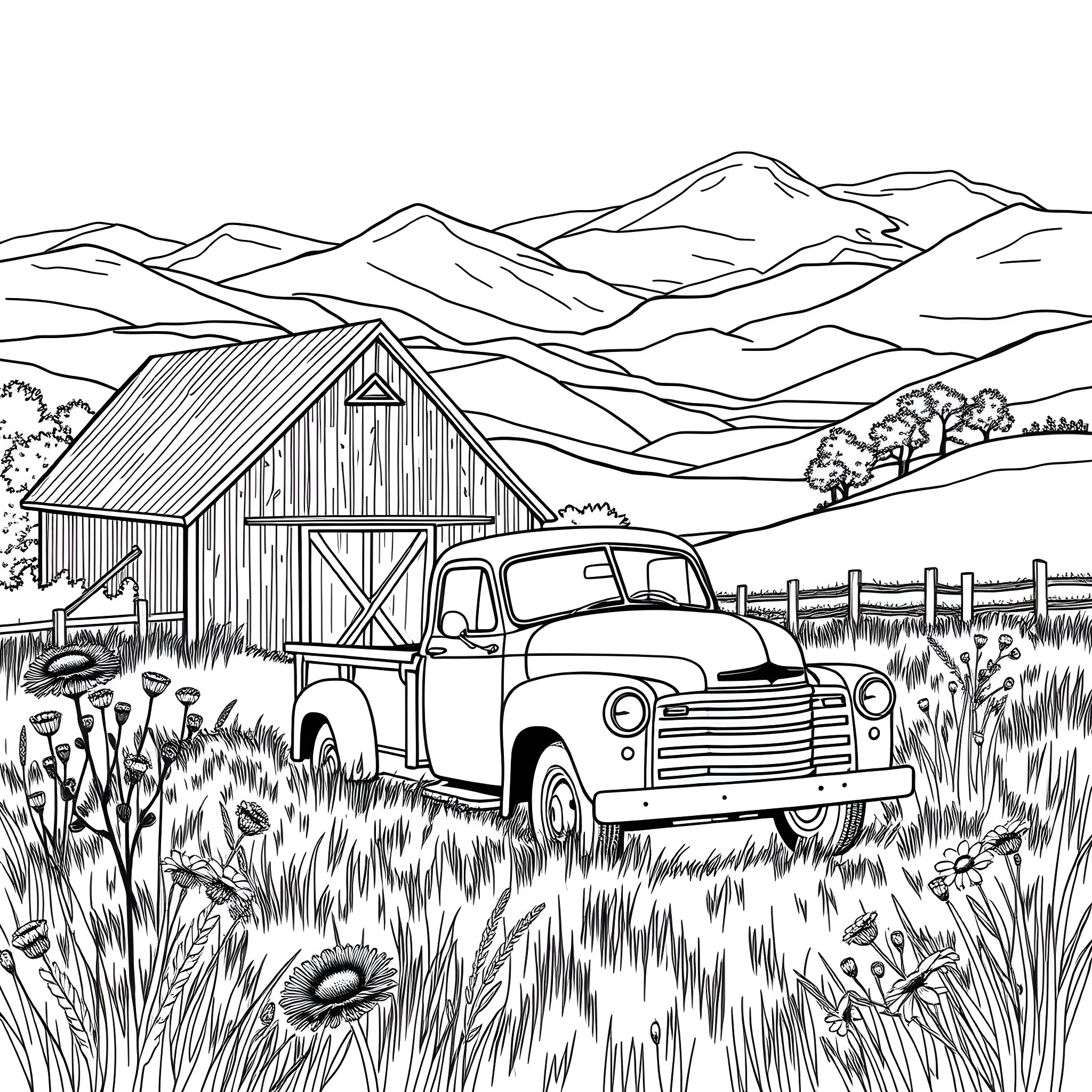 Truck driving past a rustic barn in the countryside Coloring Page (free black-and-white line drawing printable PDF for all, from beginners to advanced learners, including children, teens, adults, and seniors)