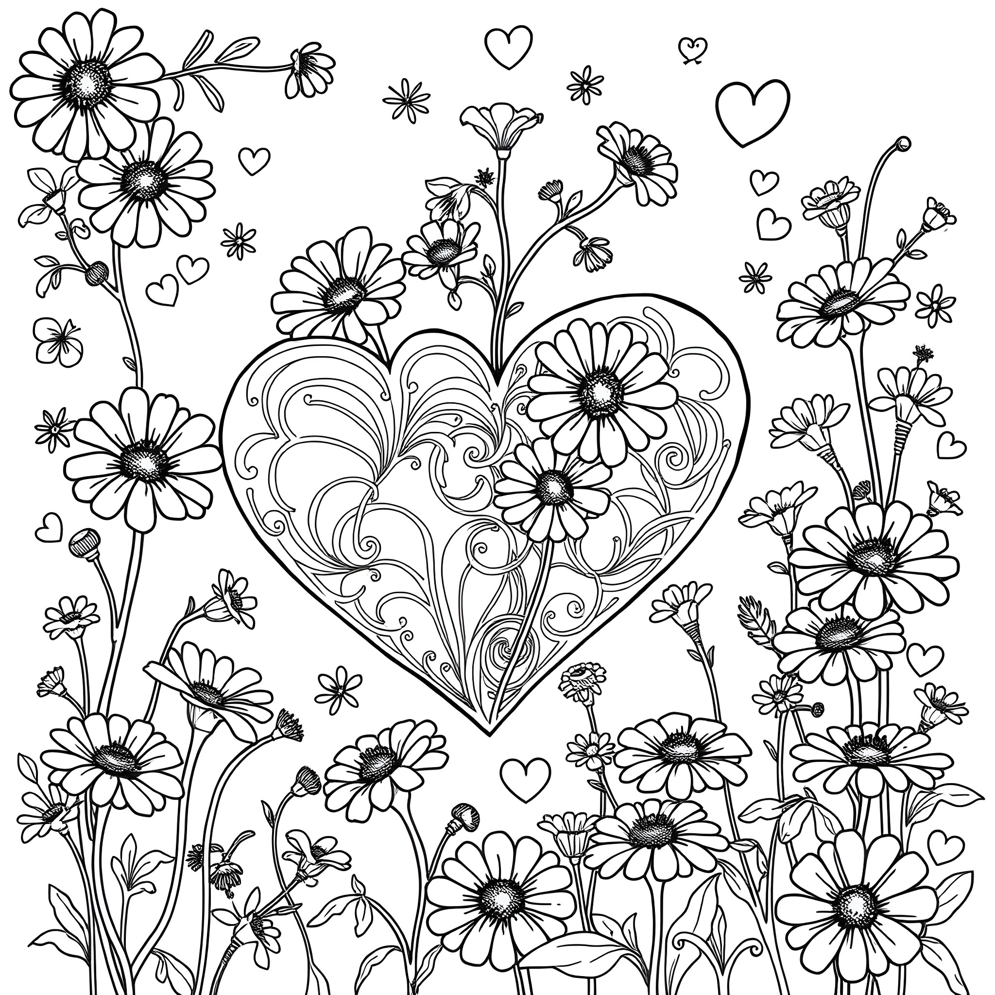 Heart Shaped Floral Arrangement with Daisies Coloring Page (free black-and-white line drawing printable PDF for all, from beginners to advanced learners, including children, teens, adults, and seniors)