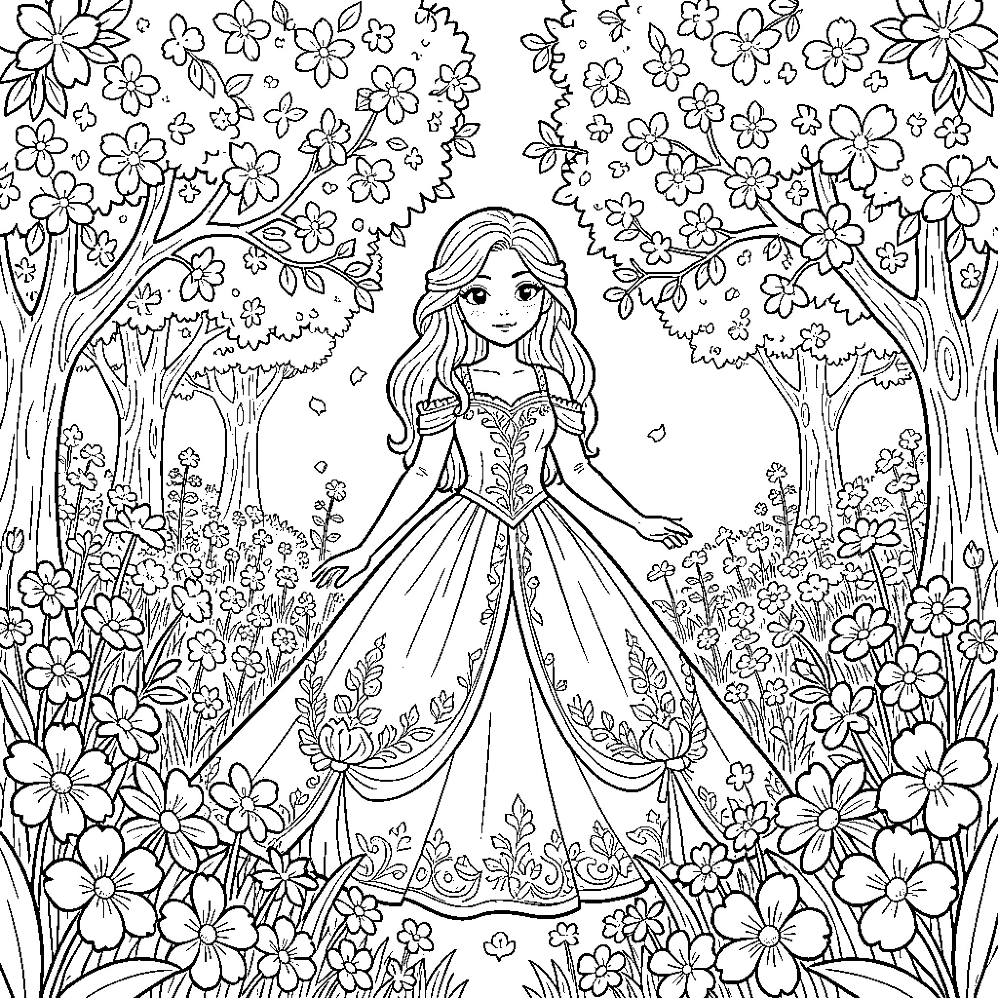 Rhyss' Enchanted Garden Adventure Coloring Page (free black-and-white line drawing printable PDF for all, from beginners to advanced learners, including children, teens, adults, and seniors)