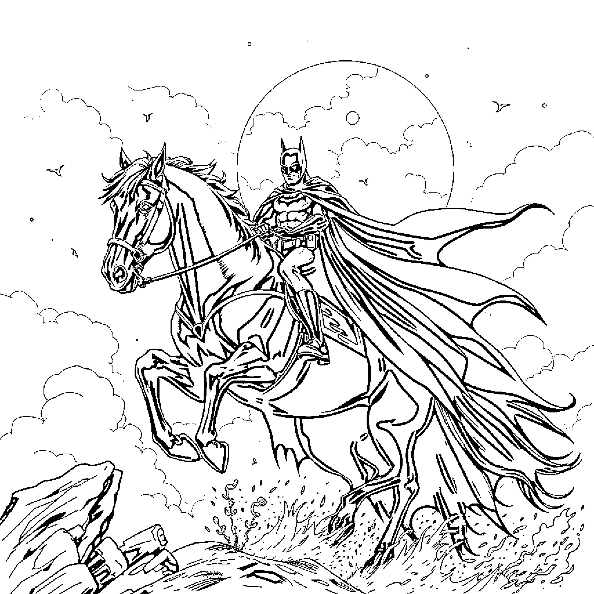 Batman on Horseback Riding Through the Night Sky Coloring Page (free black-and-white line drawing printable PDF for all, from beginners to advanced learners, including children, teens, adults, and seniors)