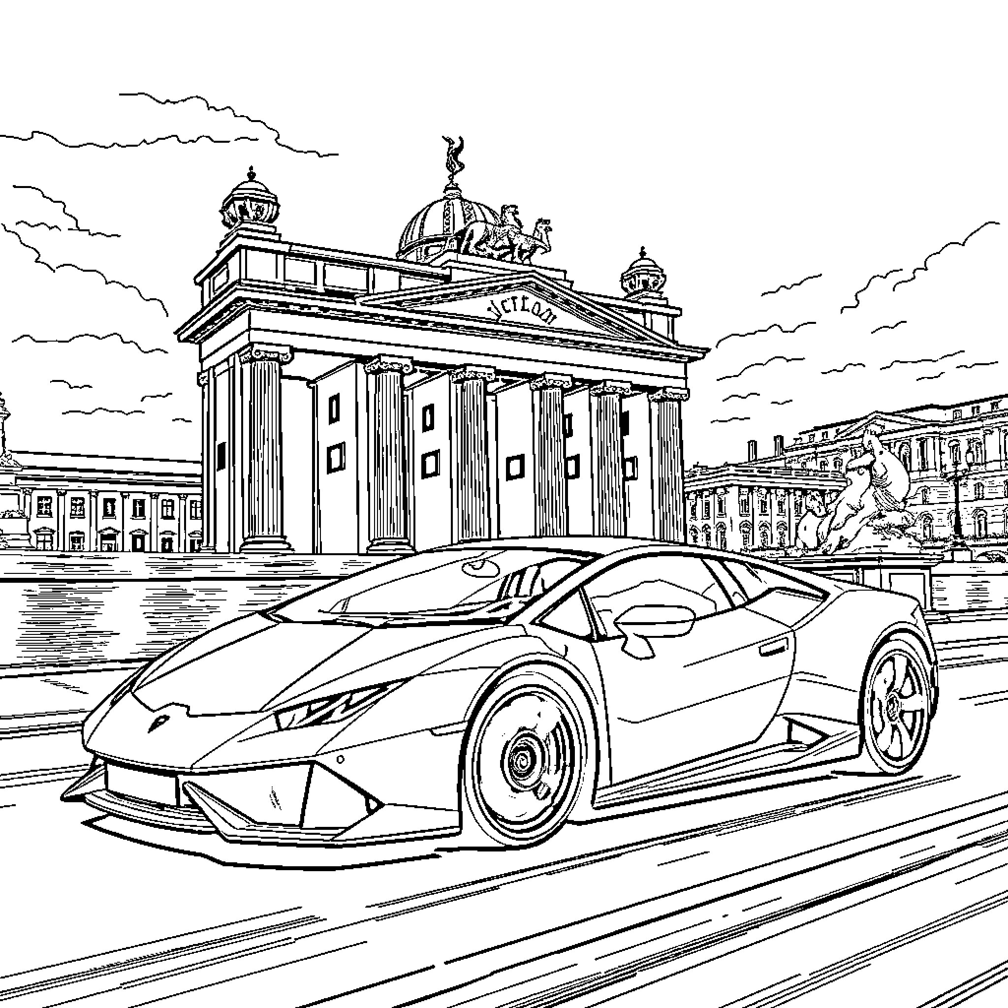 Lamborghini supercar speeding in the city Coloring Page (free black-and-white line drawing printable PDF for all, from beginners to advanced learners, including children, teens, adults, and seniors)