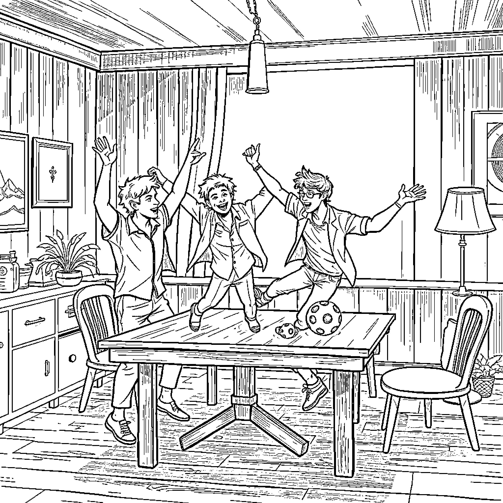 Inbetweeners Celebrating Victory in Cozy Home Coloring Page (free black-and-white line drawing printable PDF for all, from beginners to advanced learners, including children, teens, adults, and seniors)