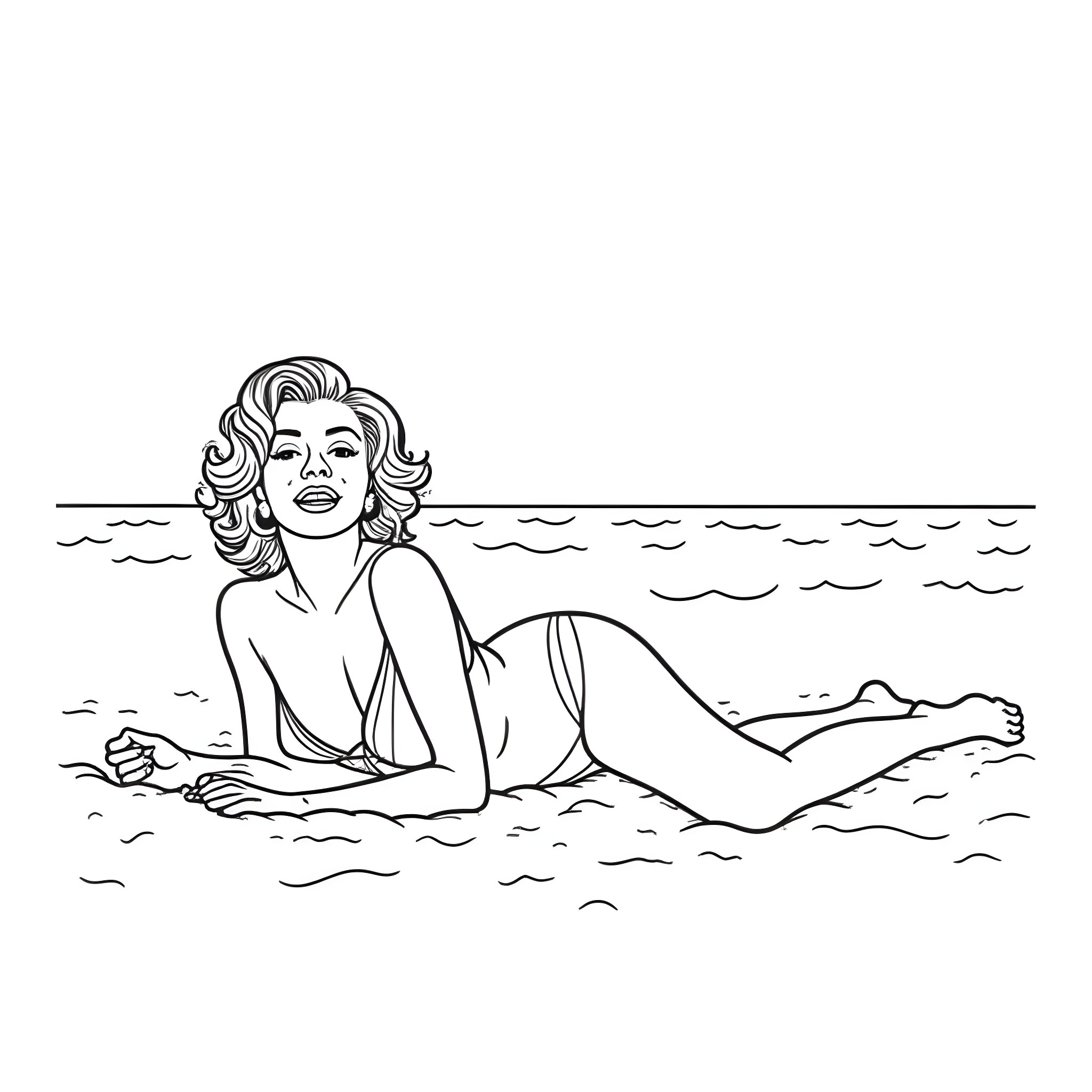 Marilyn Monroe posing serenely in the ocean Coloring Page (free black-and-white line drawing printable PDF for all, from beginners to advanced learners, including children, teens, adults, and seniors)