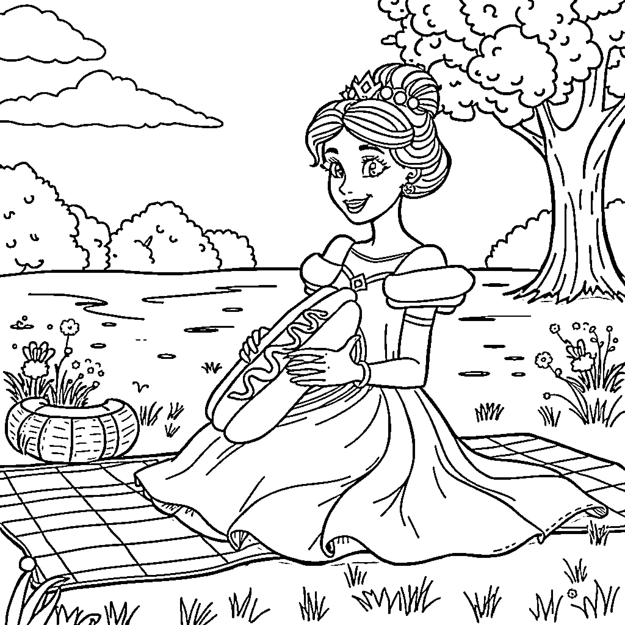 Princess enjoying a peaceful picnic by the lake Coloring Page (free black-and-white line drawing printable PDF for all, from beginners to advanced learners, including children, teens, adults, and seniors)