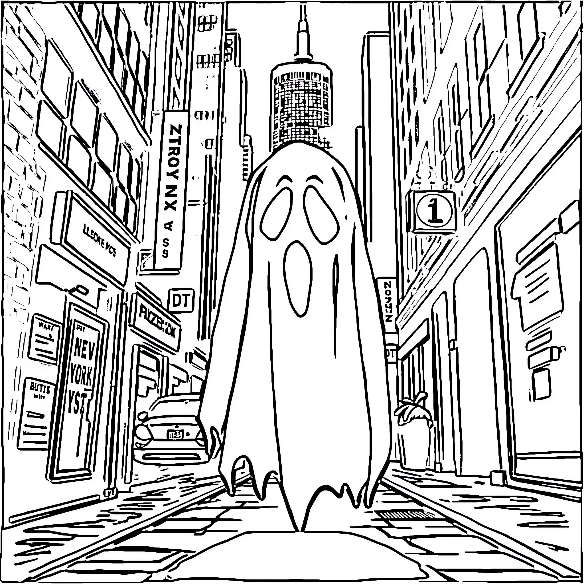 Ghost Face stalks the dark city streets Coloring Page (free black-and-white line drawing printable PDF for all, from beginners to advanced learners, including children, teens, adults, and seniors)