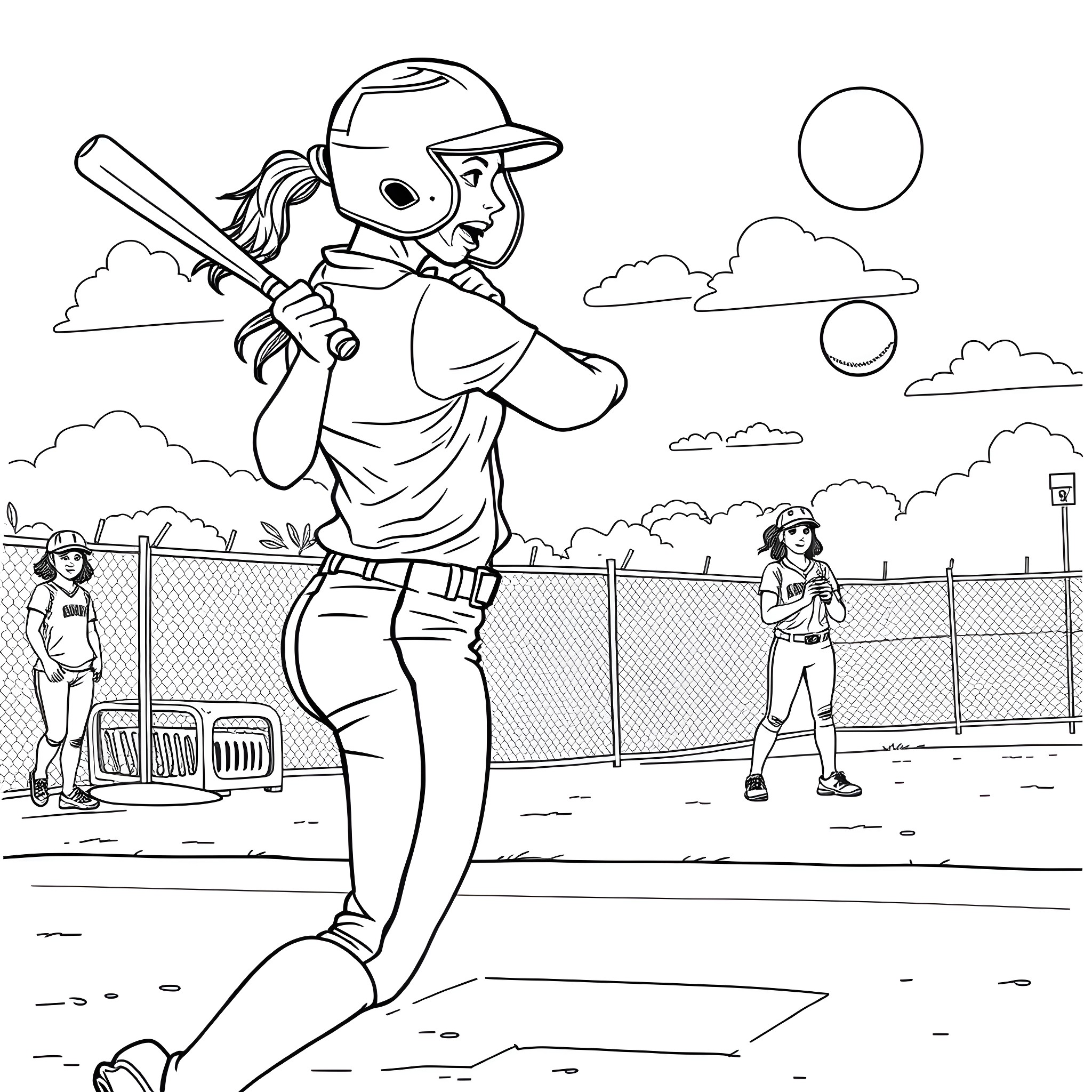 Softball Player Batting in Game Coloring Page (free black-and-white line drawing printable PDF for all, from beginners to advanced learners, including children, teens, adults, and seniors)
