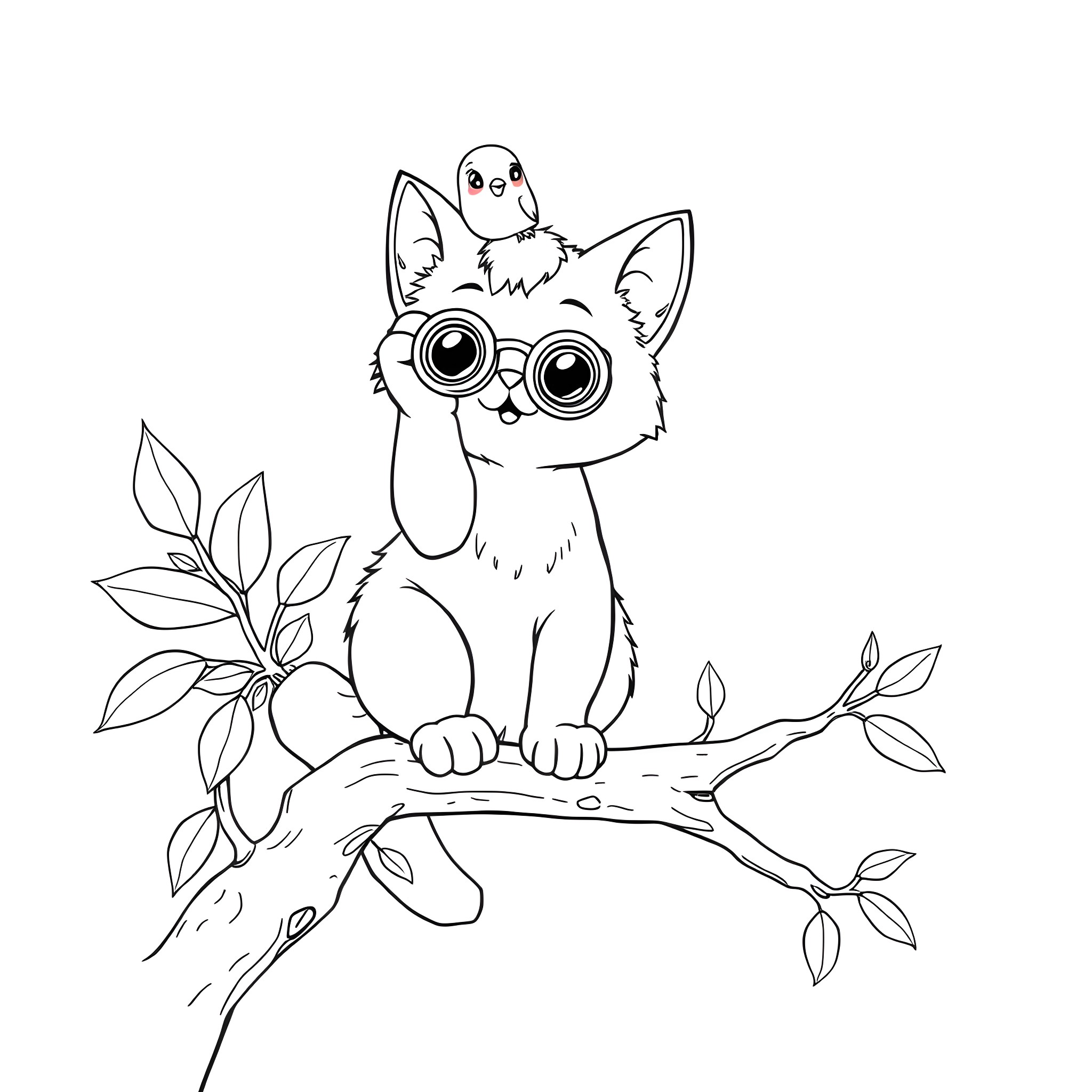 Kitty looking curiously from tree branch Coloring Page (free black-and-white line drawing printable PDF for all, from beginners to advanced learners, including children, teens, adults, and seniors)