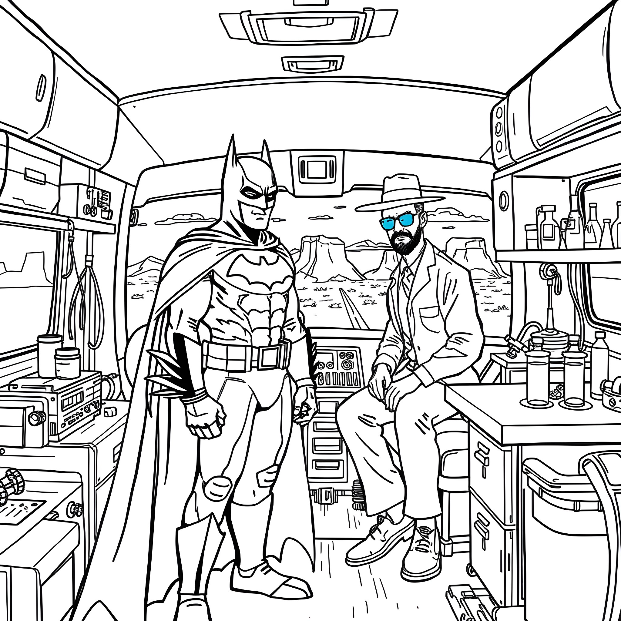 Batman and Ally Collaborate in Covert Vehicle Coloring Page (free black-and-white line drawing printable PDF for all, from beginners to advanced learners, including children, teens, adults, and seniors)