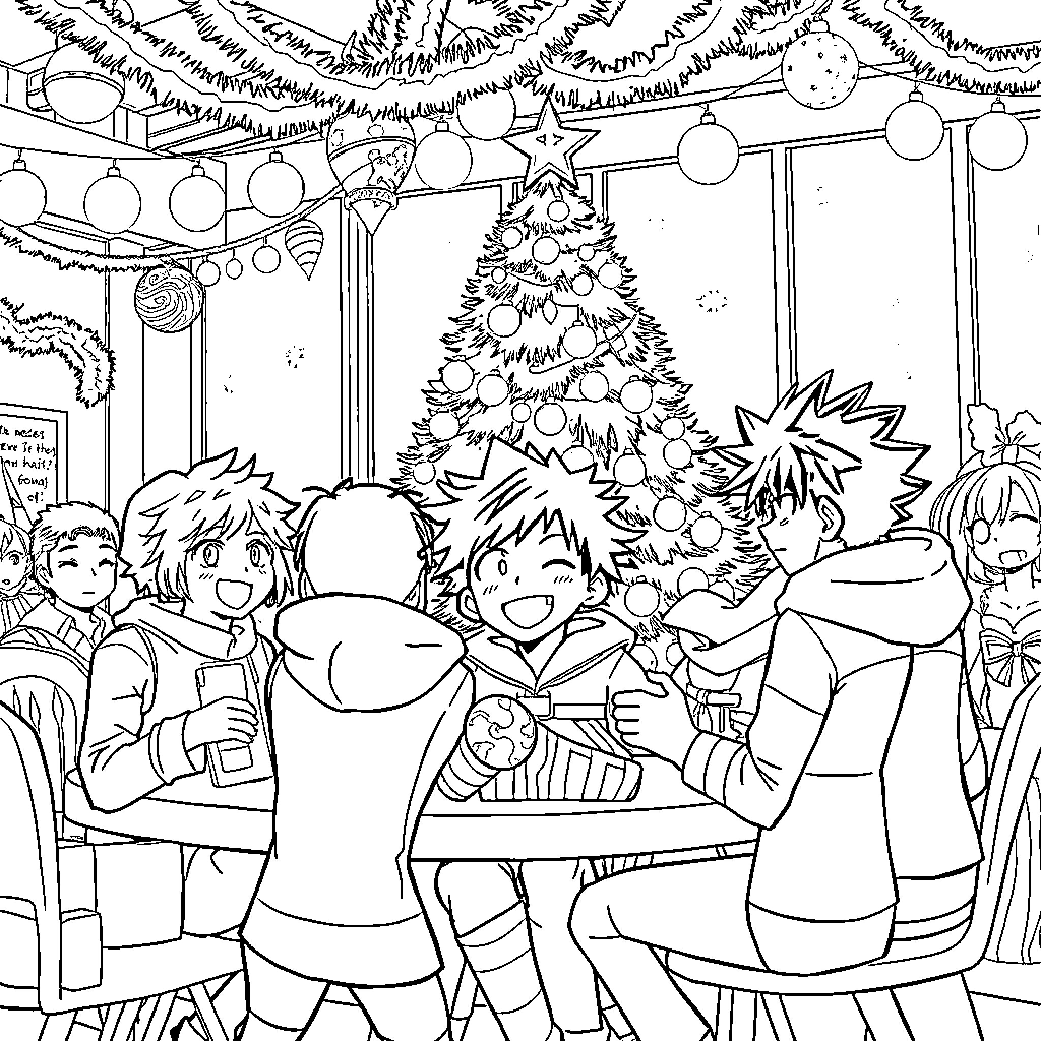 My Hero Academia Characters Celebrating Christmas Together Coloring Page (free black-and-white line drawing printable PDF for all, from beginners to advanced learners, including children, teens, adults, and seniors)