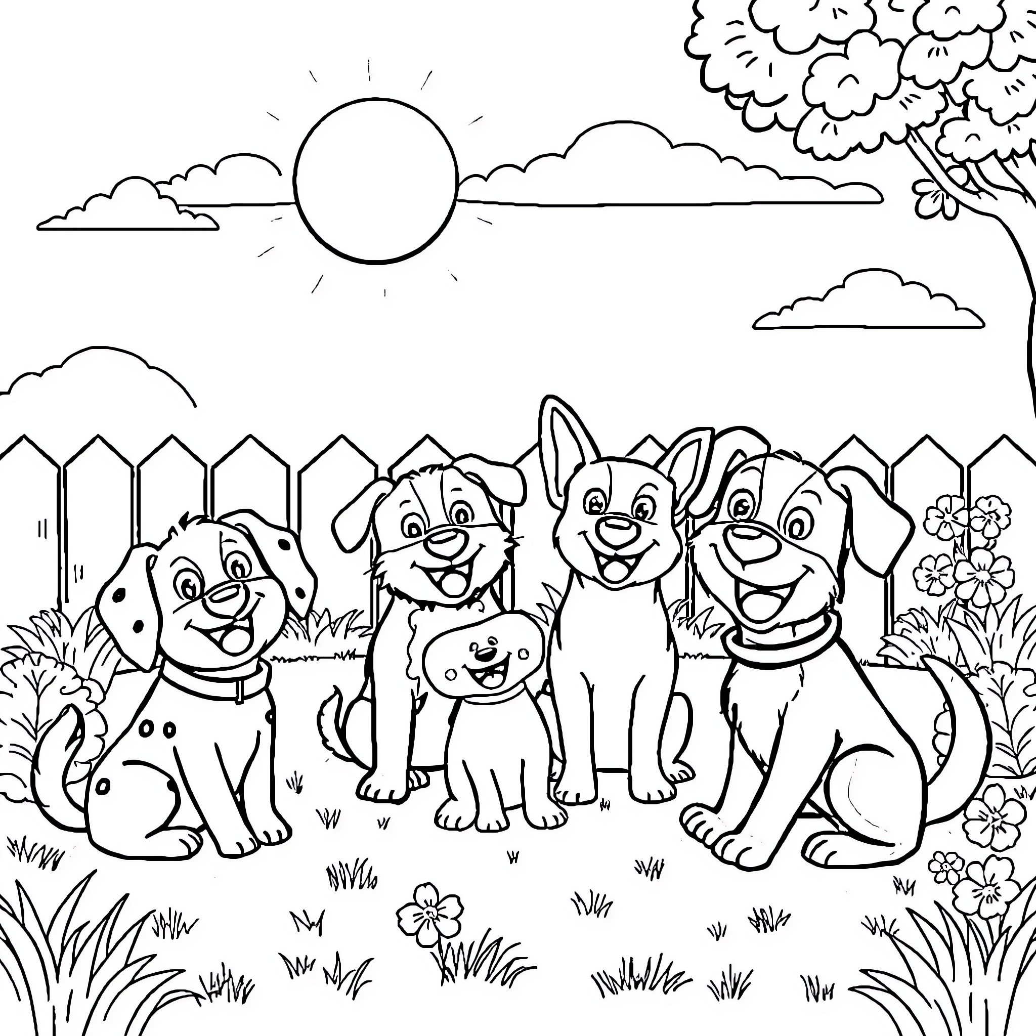 Pet dogs playing happily in the park Coloring Page (free black-and-white line drawing printable PDF for all, from beginners to advanced learners, including children, teens, adults, and seniors)
