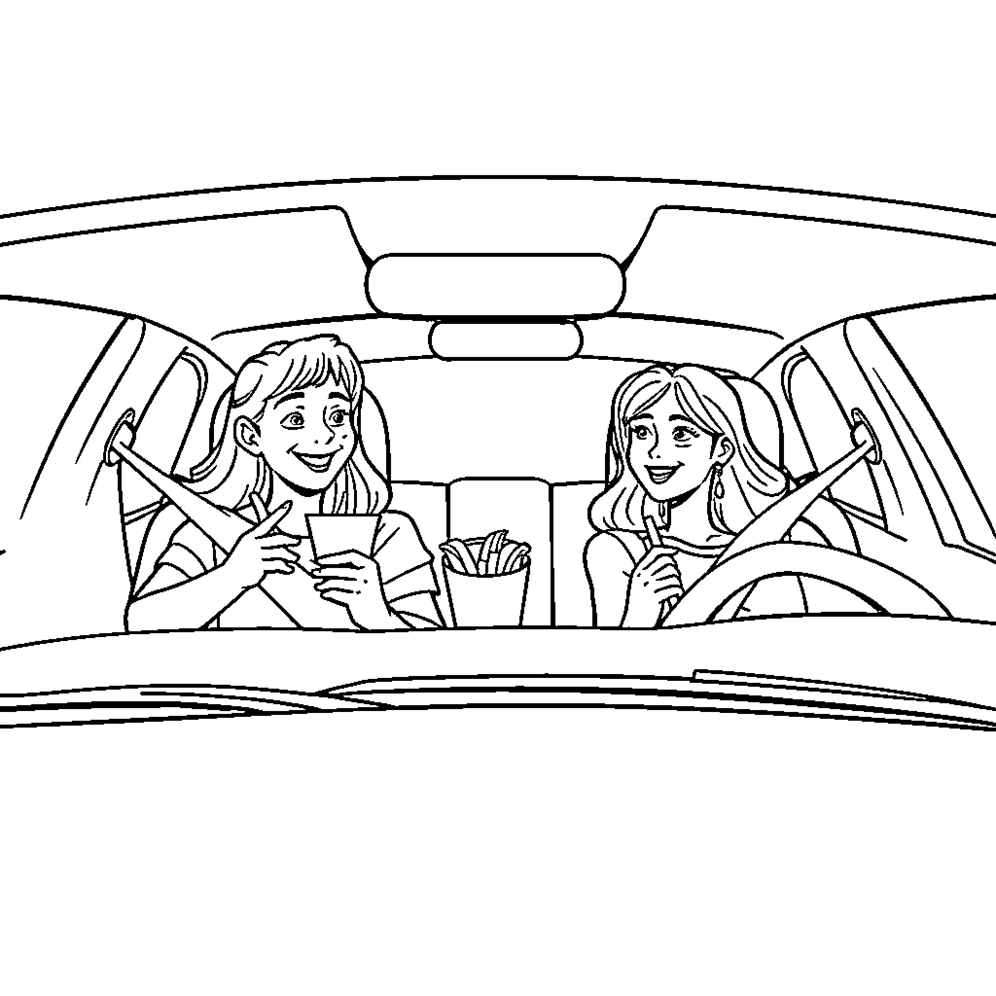 Familia Enjoys Road Trip Snacks Coloring Page (free black-and-white line drawing printable PDF for all, from beginners to advanced learners, including children, teens, adults, and seniors)