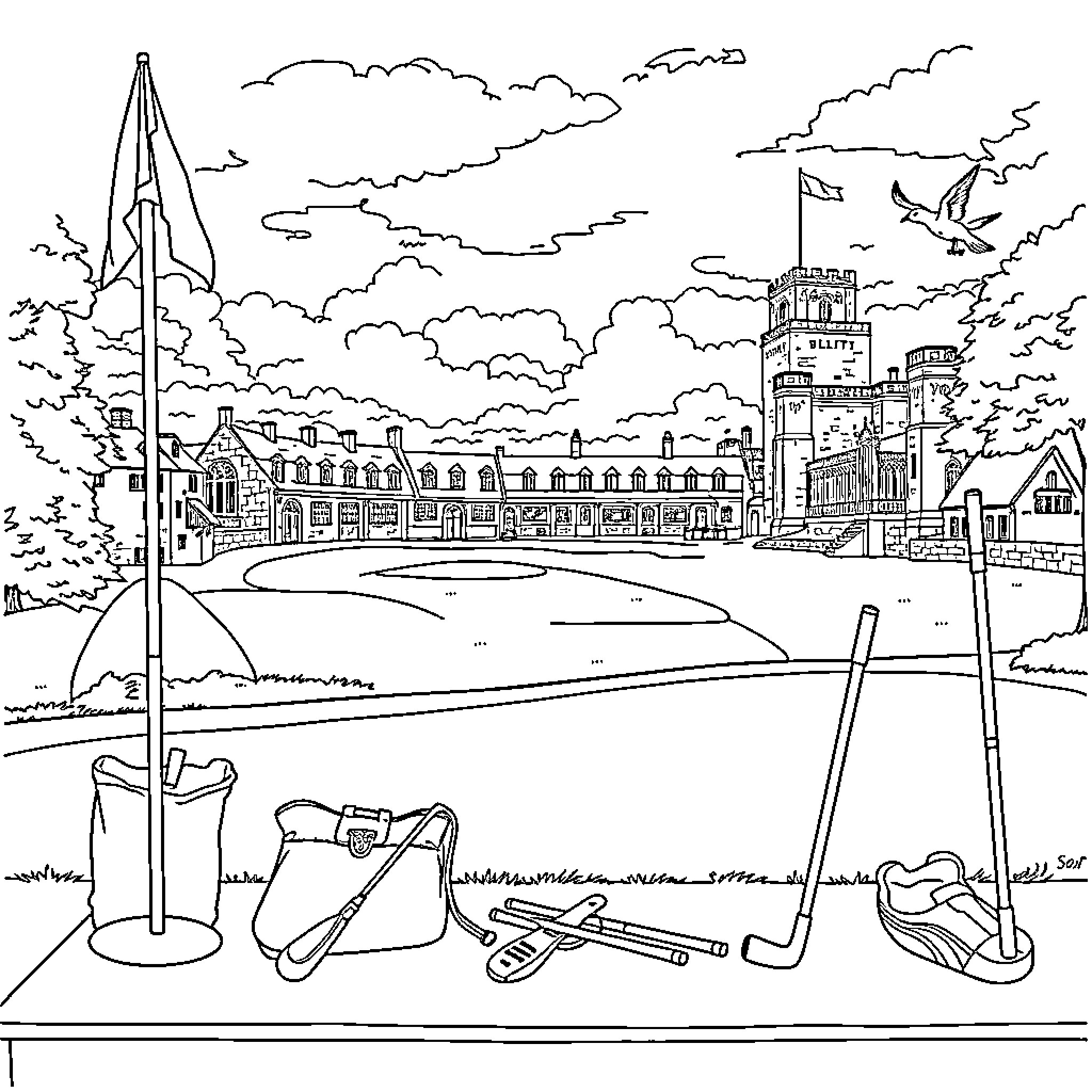 Golf equipment and landscape in the city Coloring Page (free black-and-white line drawing printable PDF for all, from beginners to advanced learners, including children, teens, adults, and seniors)