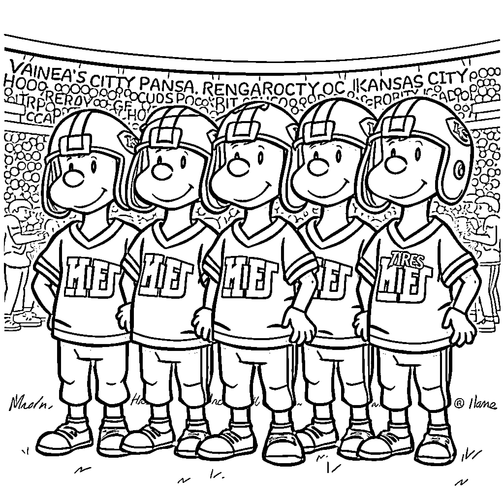 Peanut team members in uniform playing sport Coloring Page (free black-and-white line drawing printable PDF for all, from beginners to advanced learners, including children, teens, adults, and seniors)