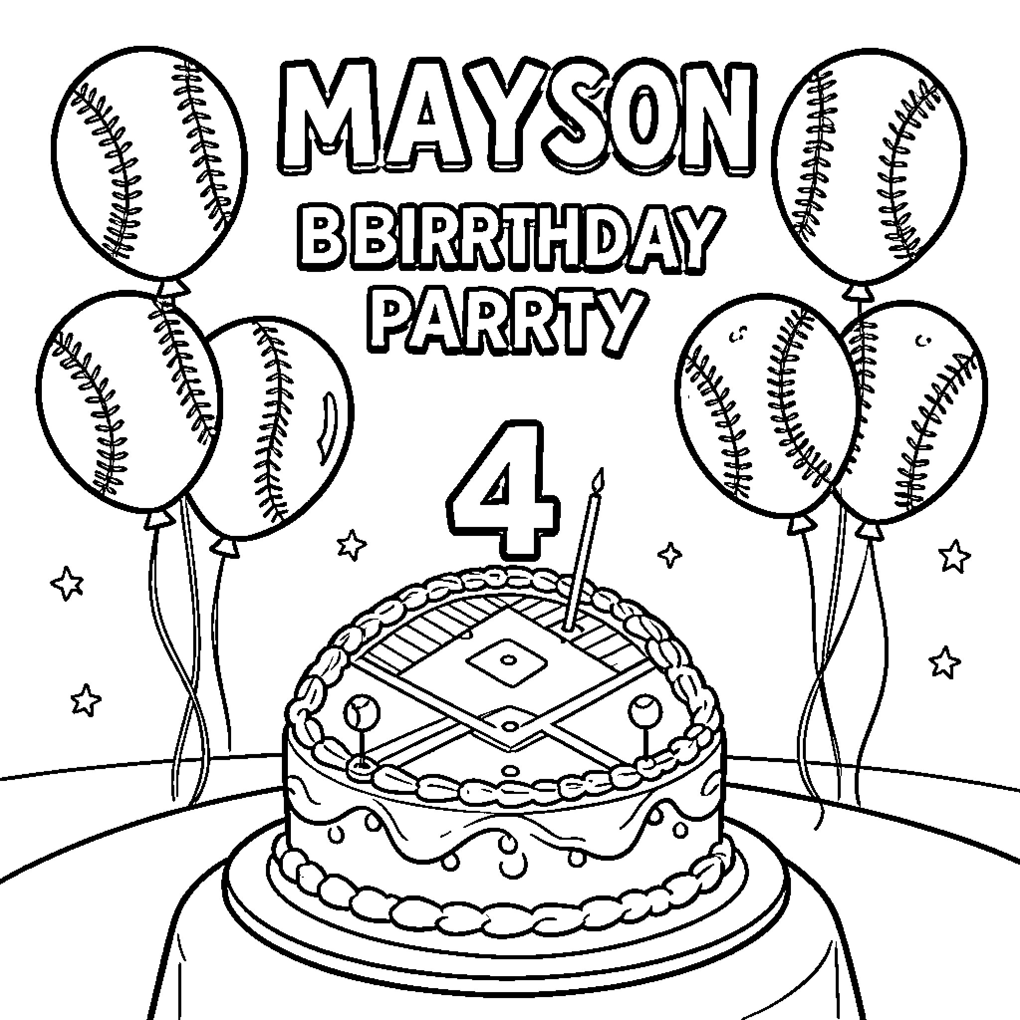 Baseball themed birthday party celebration with cake and balloons Coloring Page (free black-and-white line drawing printable PDF for all, from beginners to advanced learners, including children, teens, adults, and seniors)