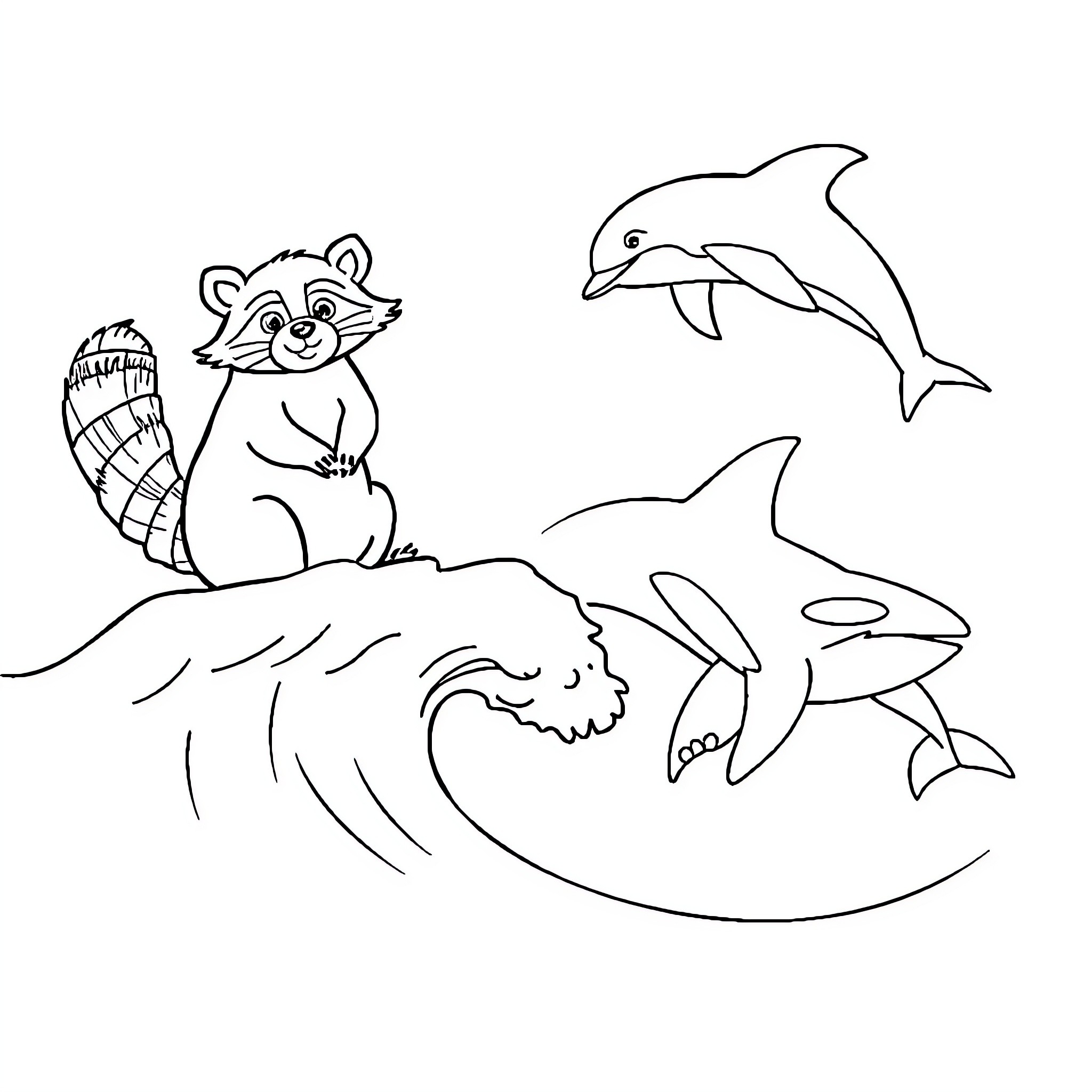 Raccoon playing near dolphins and sharks Coloring Page (free black-and-white line drawing printable PDF for all, from beginners to advanced learners, including children, teens, adults, and seniors)