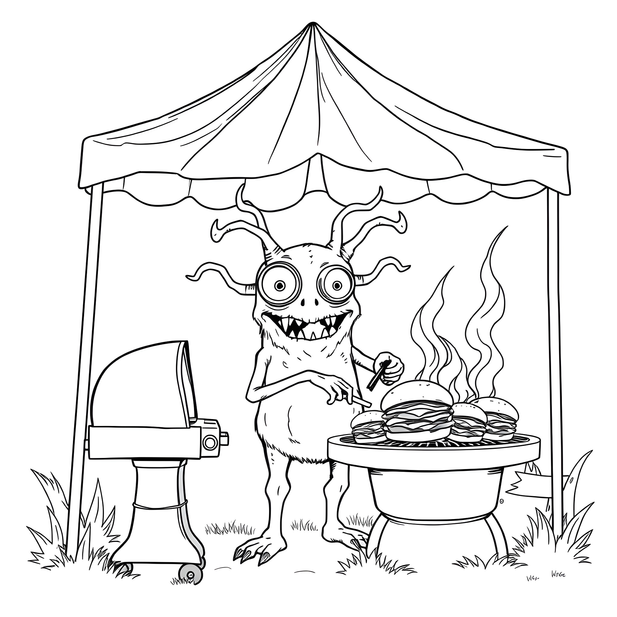 Beholder enjoying a tasty cookout under the tent Coloring Page (free black-and-white line drawing printable PDF for all, from beginners to advanced learners, including children, teens, adults, and seniors)