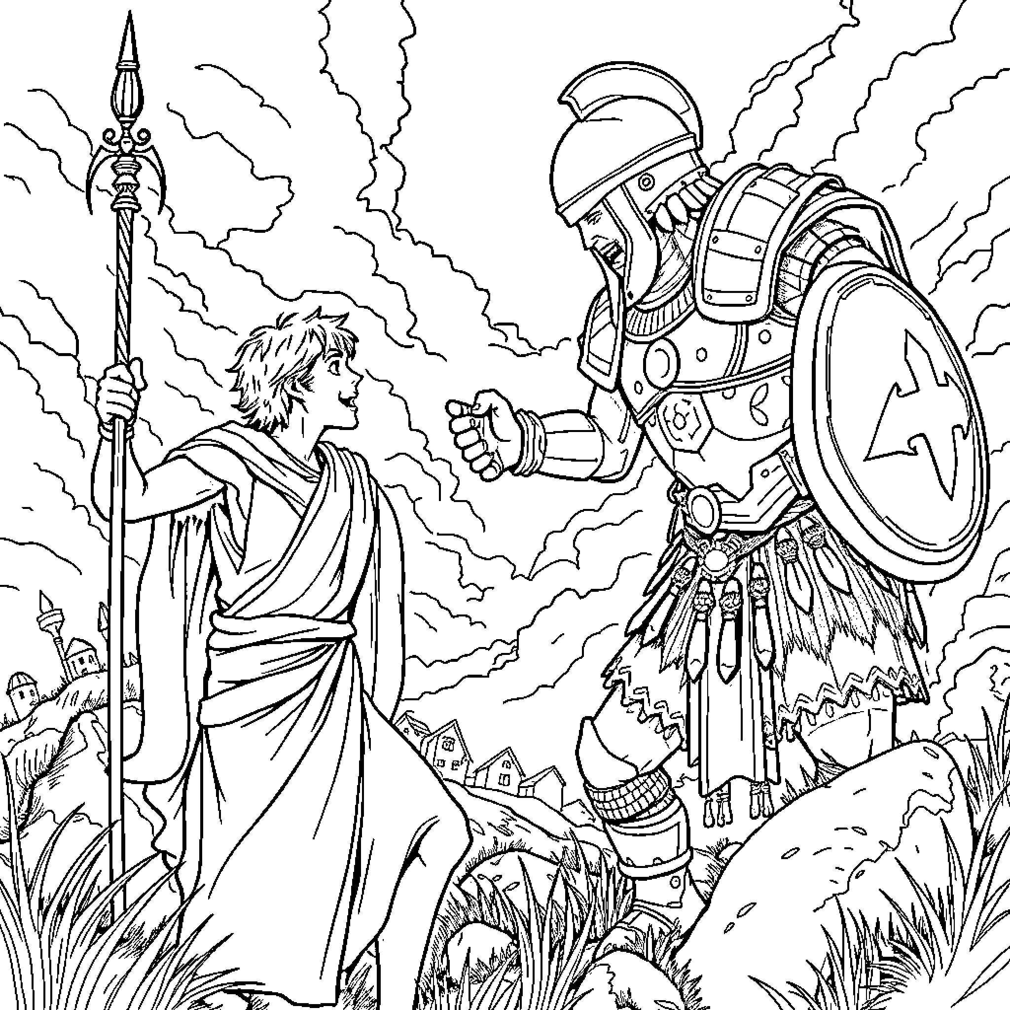 David and Goliath: Warrior and Shepherd Confrontation Coloring Page (free black-and-white line drawing printable PDF for all, from beginners to advanced learners, including children, teens, adults, and seniors)