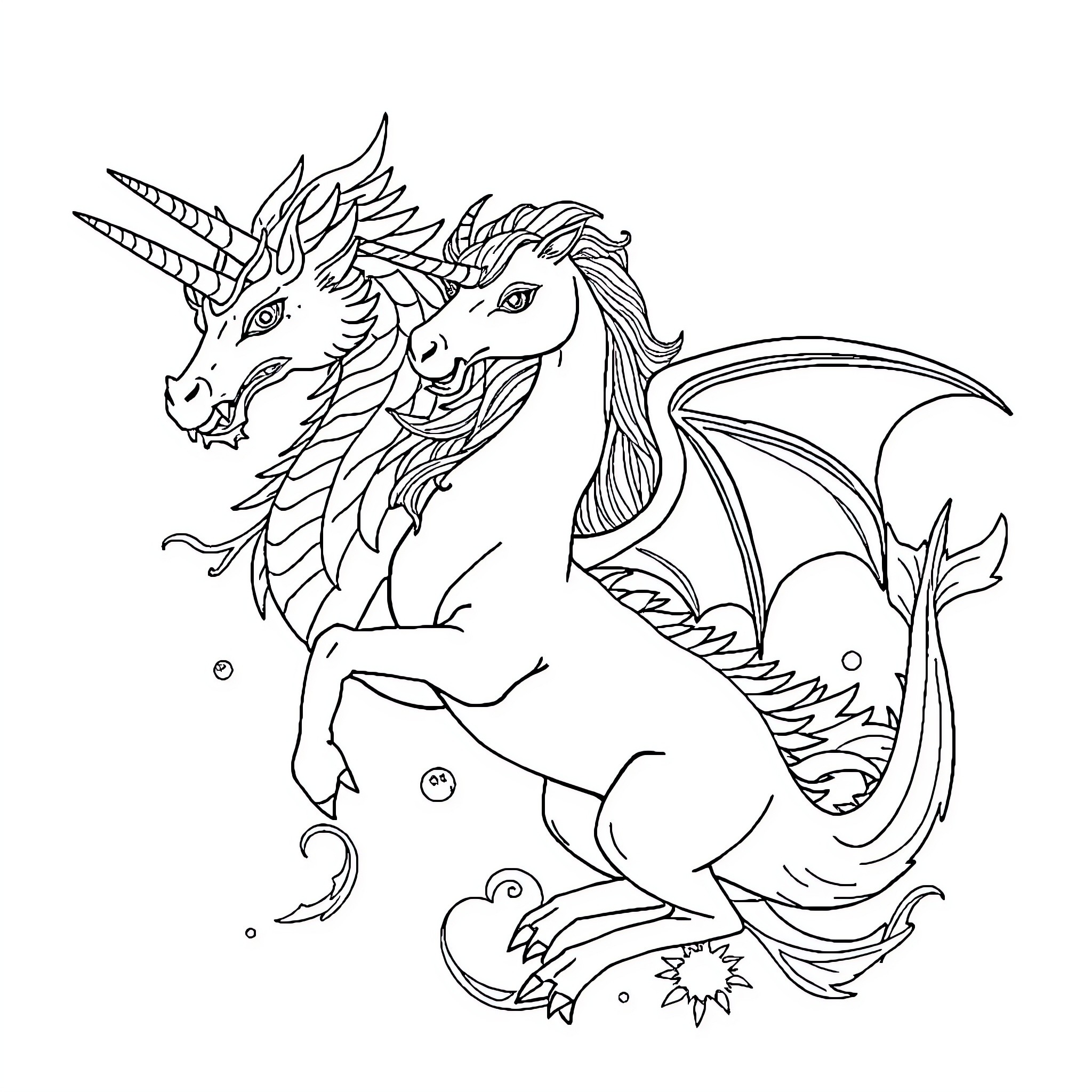 Mythical Creatures Playing in Fantasy Landscape Coloring Page (free black-and-white line drawing printable PDF for all, from beginners to advanced learners, including children, teens, adults, and seniors)
