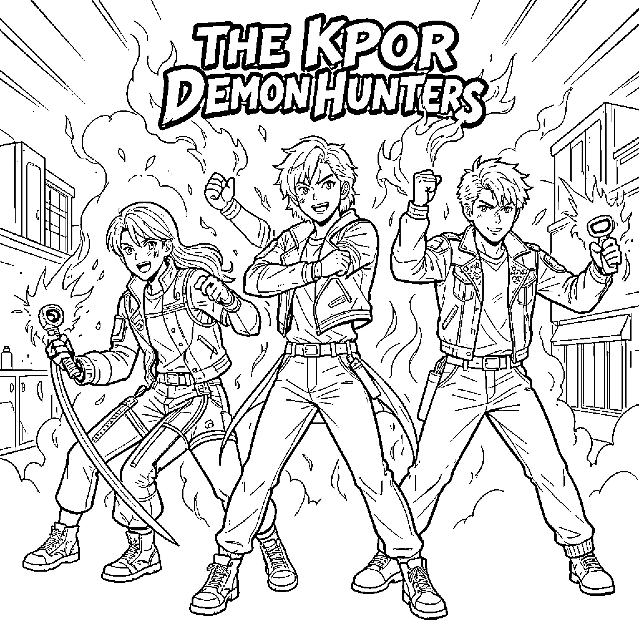 Kpop Demon Hunters in Action-Packed Scene Coloring Page (free black-and-white line drawing printable PDF for all, from beginners to advanced learners, including children, teens, adults, and seniors)