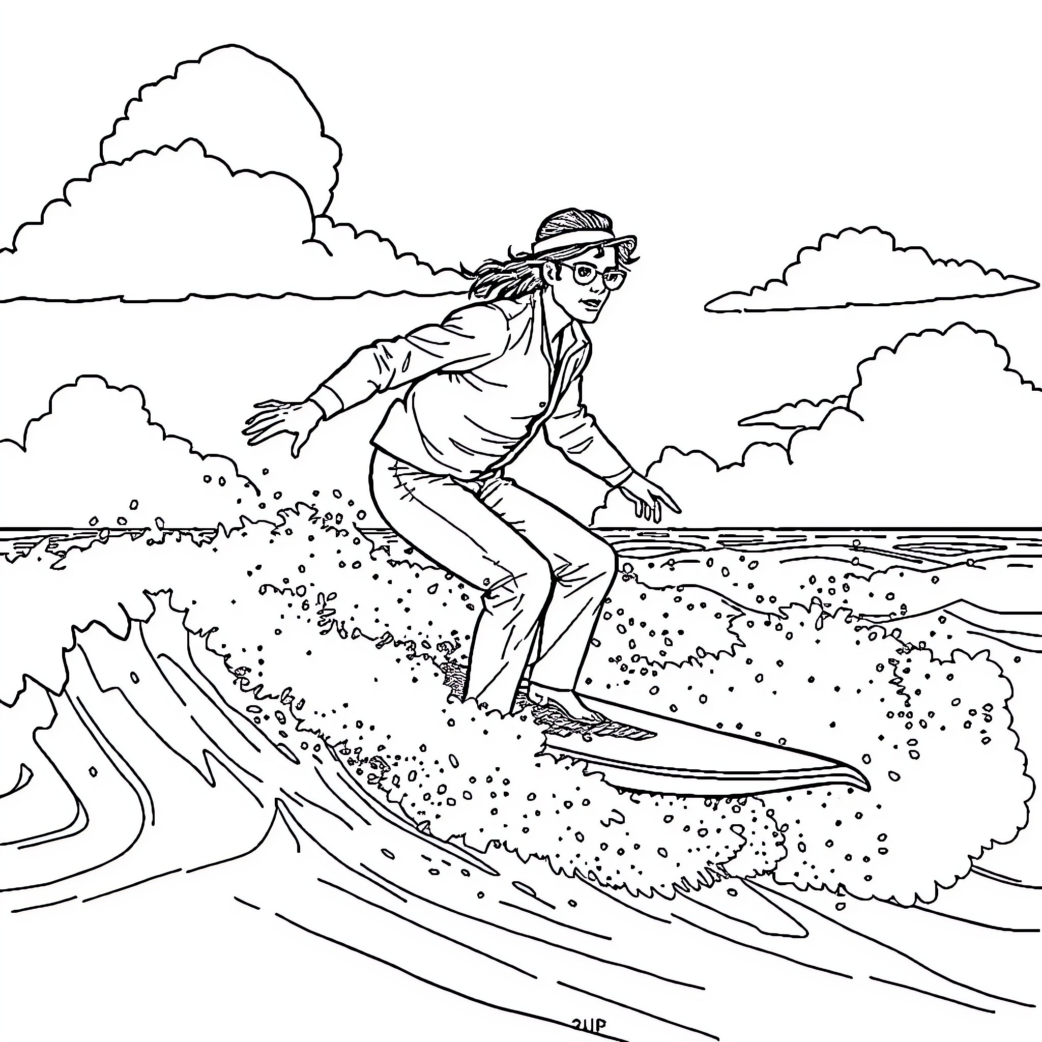 Michael Jackson surfing the waves on the beach Coloring Page (free black-and-white line drawing printable PDF for all, from beginners to advanced learners, including children, teens, adults, and seniors)