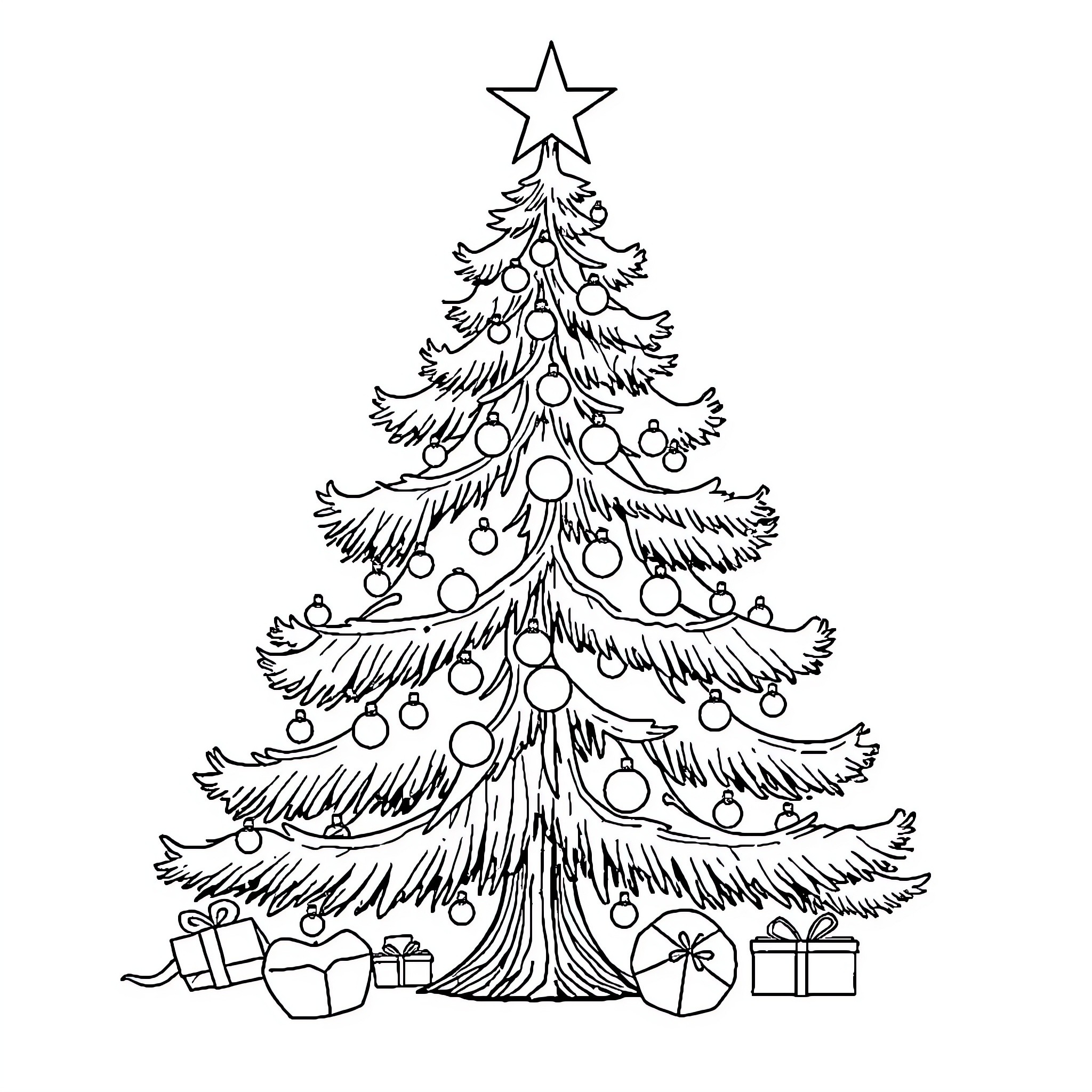 Christmas Tree with Ornaments and Gifts Coloring Page (free black-and-white line drawing printable PDF for all, from beginners to advanced learners, including children, teens, adults, and seniors)