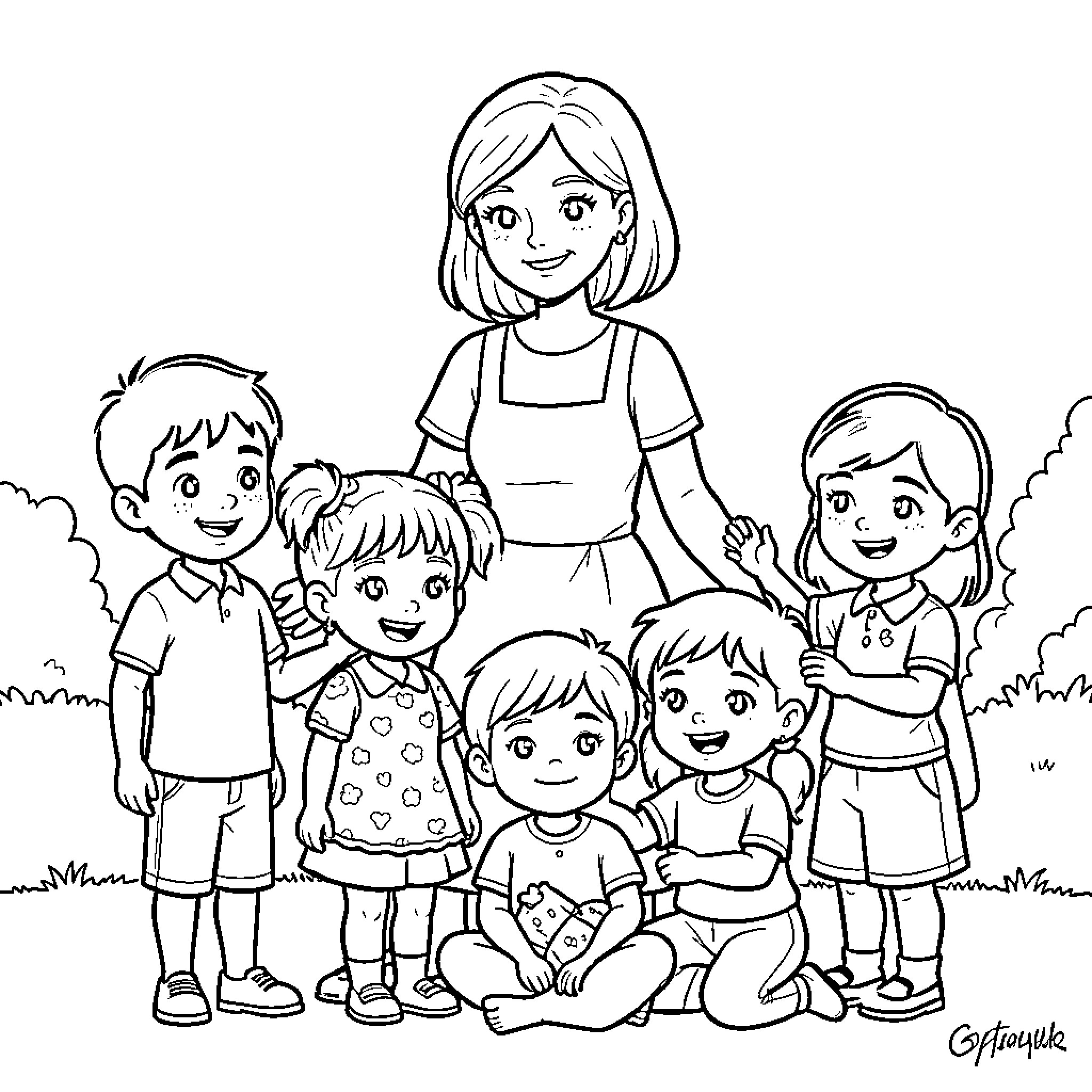 Nanny smiling while standing with a group of children Coloring Page (free black-and-white line drawing printable PDF for all, from beginners to advanced learners, including children, teens, adults, and seniors)