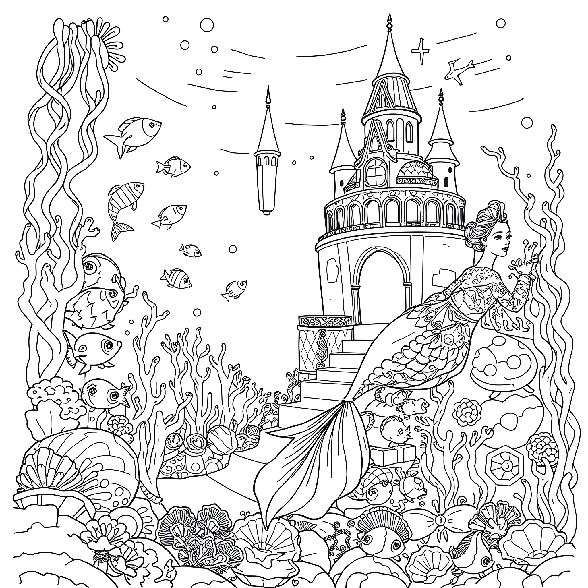 Mermaid exploring an underwater fantasy castle Coloring Page (free black-and-white line drawing printable PDF for all, from beginners to advanced learners, including children, teens, adults, and seniors)