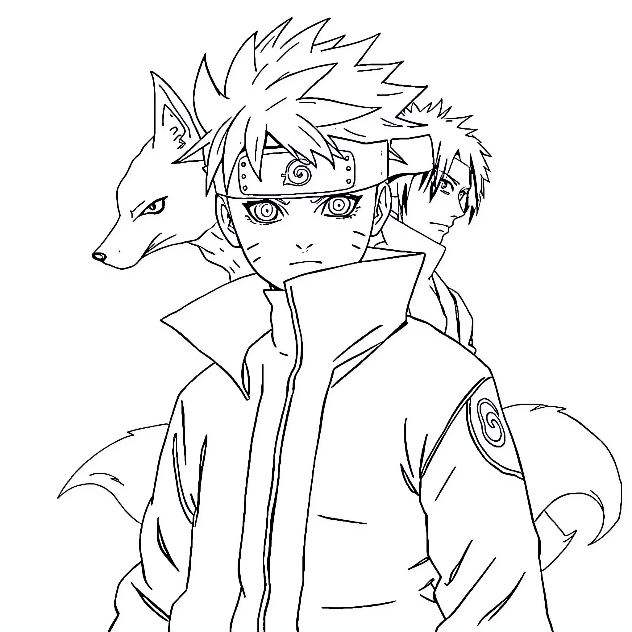 Naruto and his Ninja Companion Explore the Wilderness Coloring Page (free black-and-white line drawing printable PDF for all, from beginners to advanced learners, including children, teens, adults, and seniors)