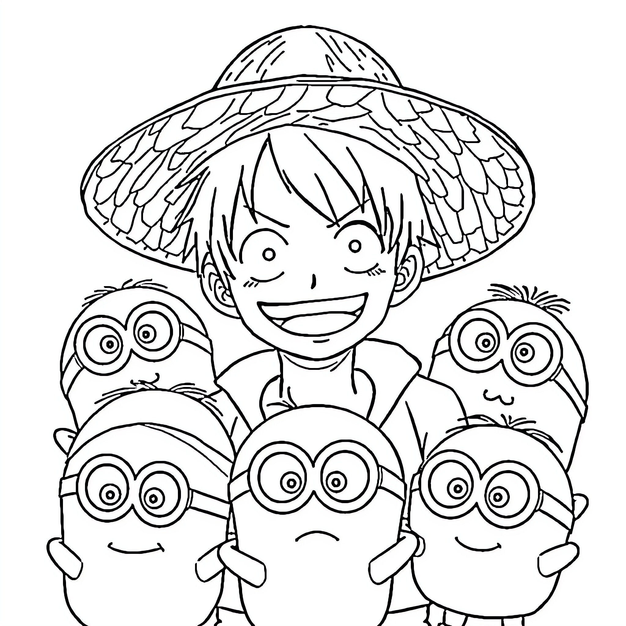 Luffy and the Minions in a Playful Adventure Coloring Page (free black-and-white line drawing printable PDF for all, from beginners to advanced learners, including children, teens, adults, and seniors)