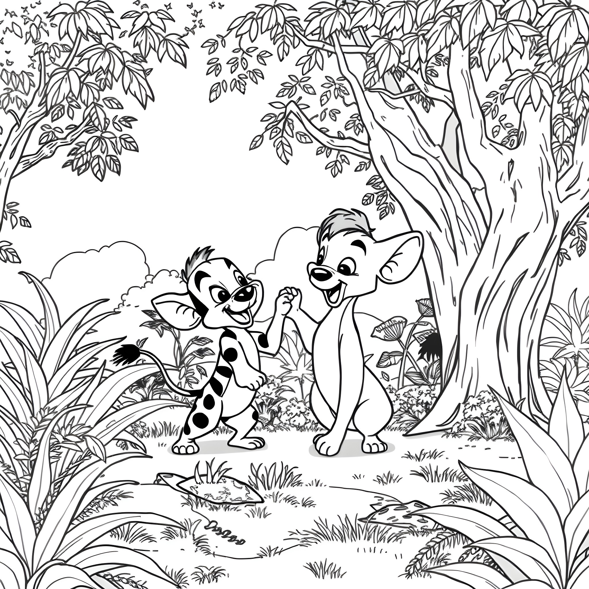 Timone and Pumba enjoying the jungle landscape Coloring Page (free black-and-white line drawing printable PDF for all, from beginners to advanced learners, including children, teens, adults, and seniors)