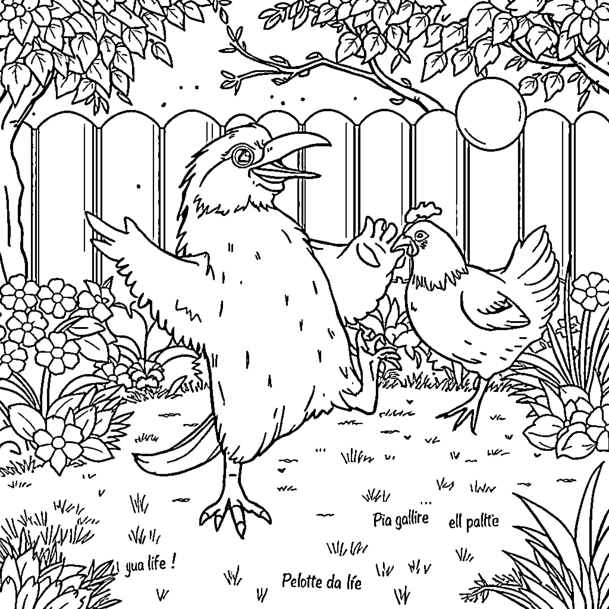 Perro en un patio con flores y pájaros Coloring Page (free black-and-white line drawing printable PDF for all, from beginners to advanced learners, including children, teens, adults, and seniors)
