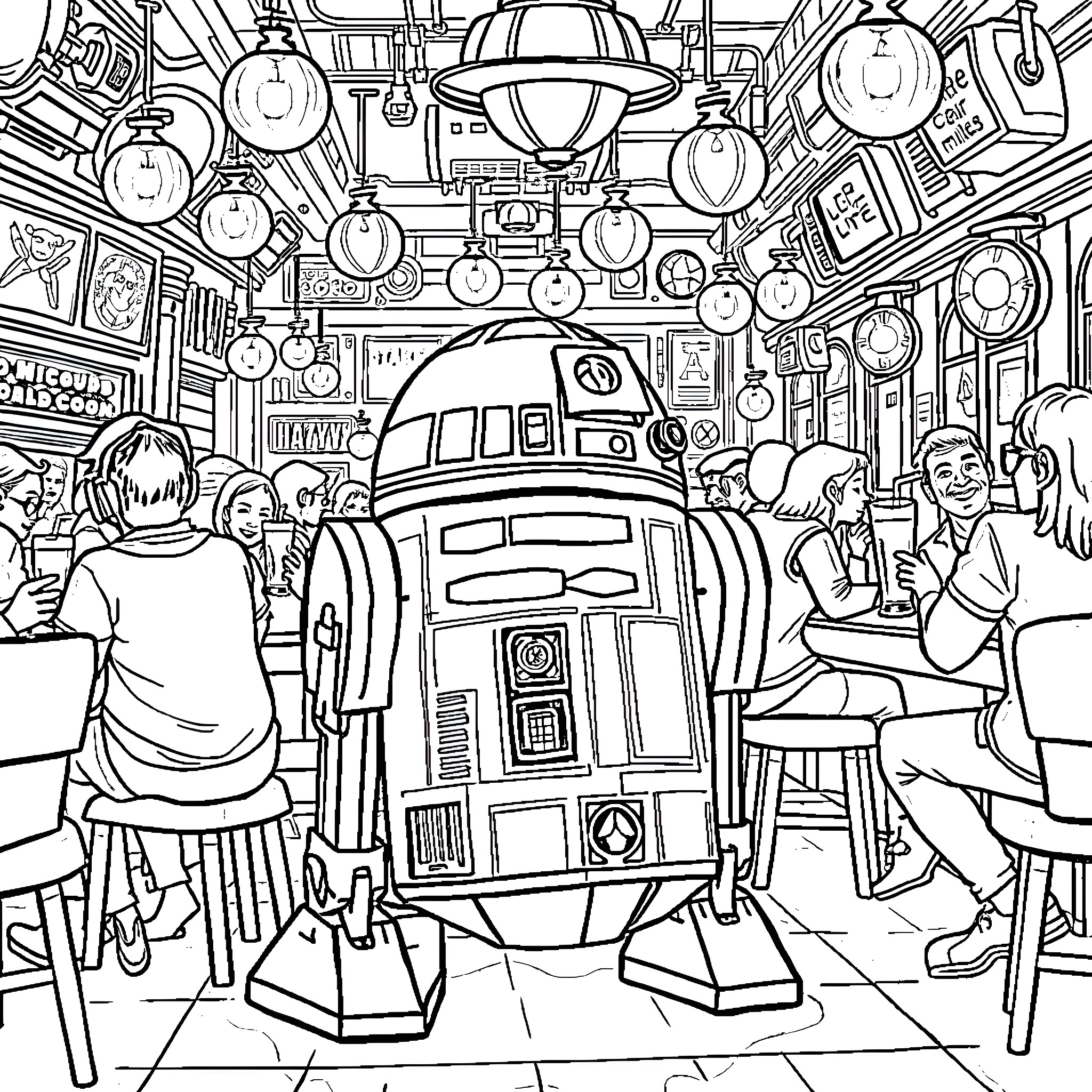 R2-D2 in a bustling and chaotic futuristic scene Coloring Page (free black-and-white line drawing printable PDF for all, from beginners to advanced learners, including children, teens, adults, and seniors)