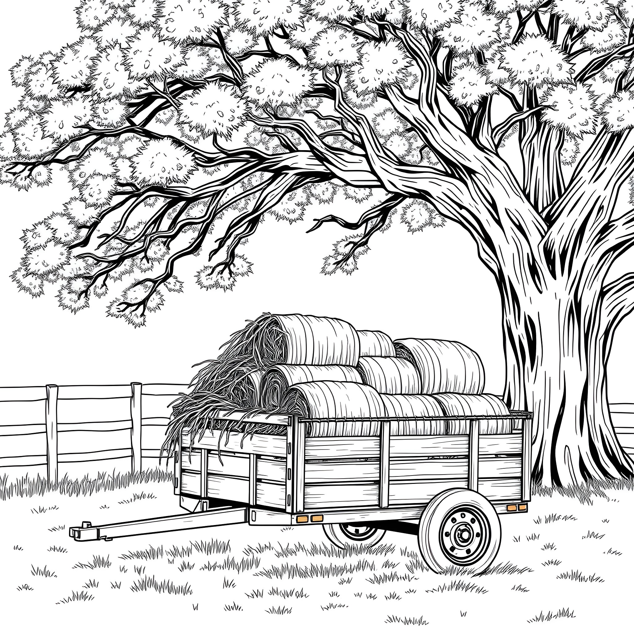 Hay Trailer under the Old Tree Coloring Page (free black-and-white line drawing printable PDF for all, from beginners to advanced learners, including children, teens, adults, and seniors)