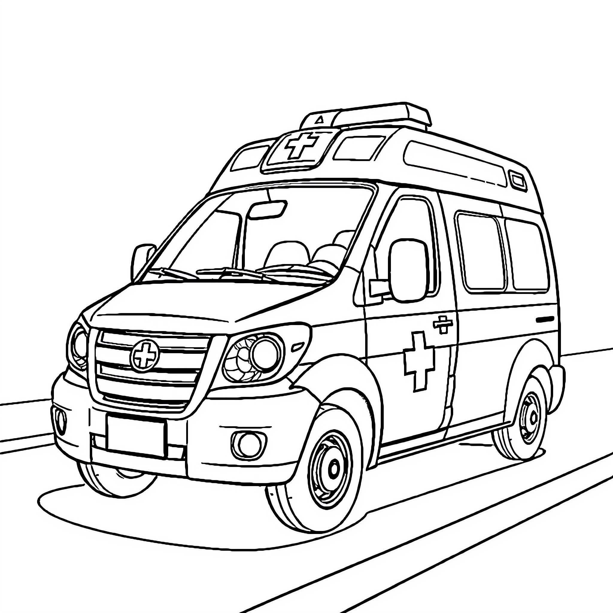 Ambulance responding to emergency call on road Coloring Page (free black-and-white line drawing printable PDF for all, from beginners to advanced learners, including children, teens, adults, and seniors)