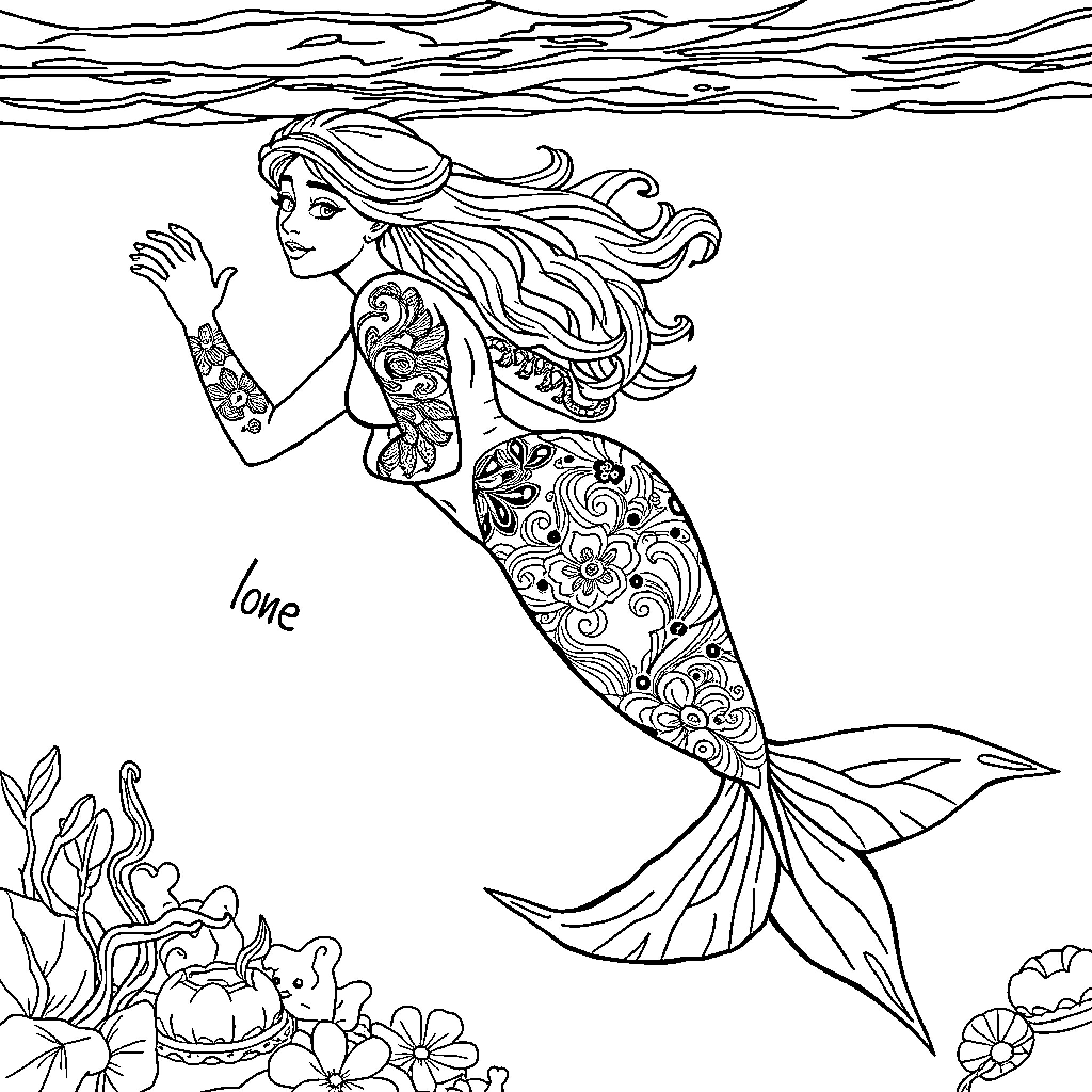 Mermaid swimming gracefully in the ocean Coloring Page (free black-and-white line drawing printable PDF for all, from beginners to advanced learners, including children, teens, adults, and seniors)