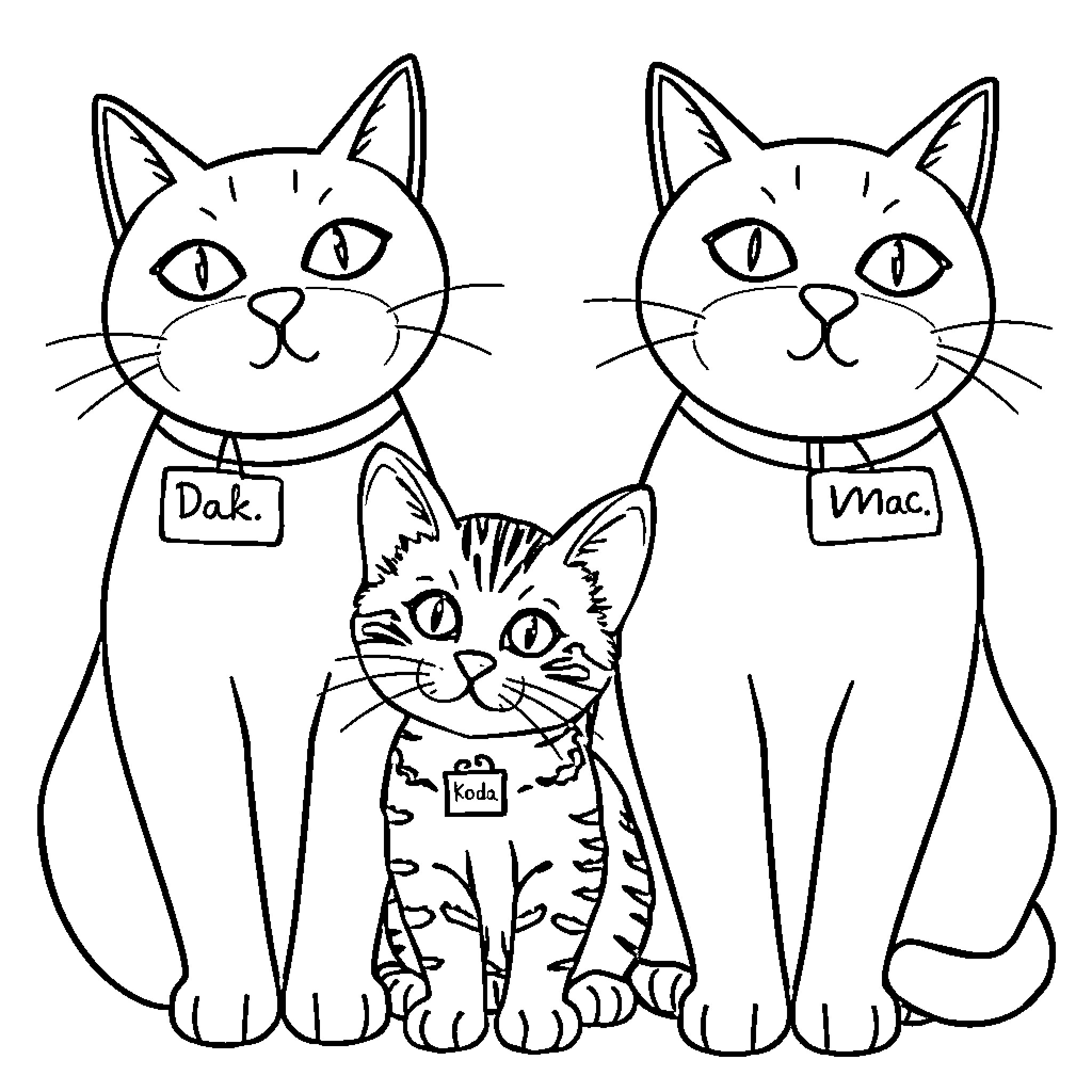 Cats with Name Tags Coloring Page (free black-and-white line drawing printable PDF for all, from beginners to advanced learners, including children, teens, adults, and seniors)