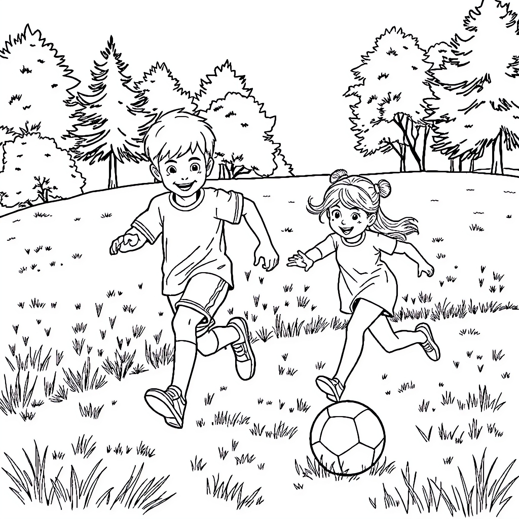 Boy and girl playing with soccer ball in nature Coloring Page (free black-and-white line drawing printable PDF for all, from beginners to advanced learners, including children, teens, adults, and seniors)