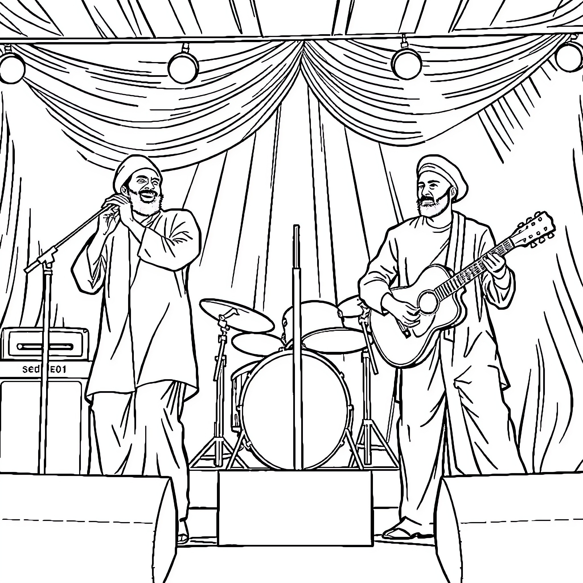 Imen es et Diams performing on stage Coloring Page (free black-and-white line drawing printable PDF for all, from beginners to advanced learners, including children, teens, adults, and seniors)