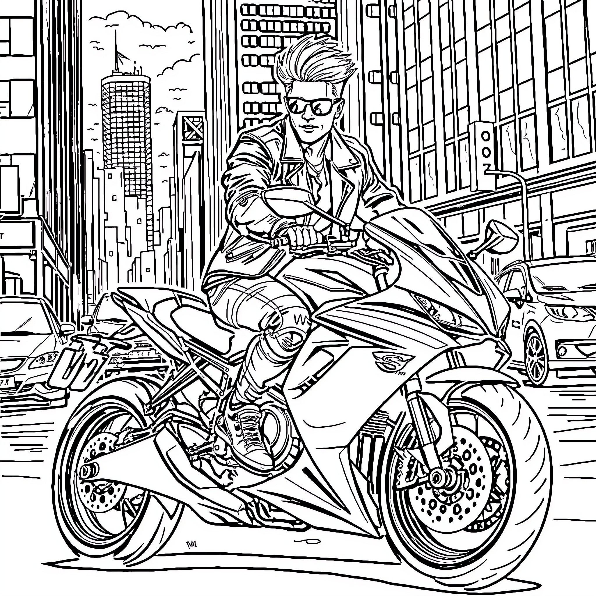 Guy riding a powerful motorcycle in the city Coloring Page (free black-and-white line drawing printable PDF for all, from beginners to advanced learners, including children, teens, adults, and seniors)