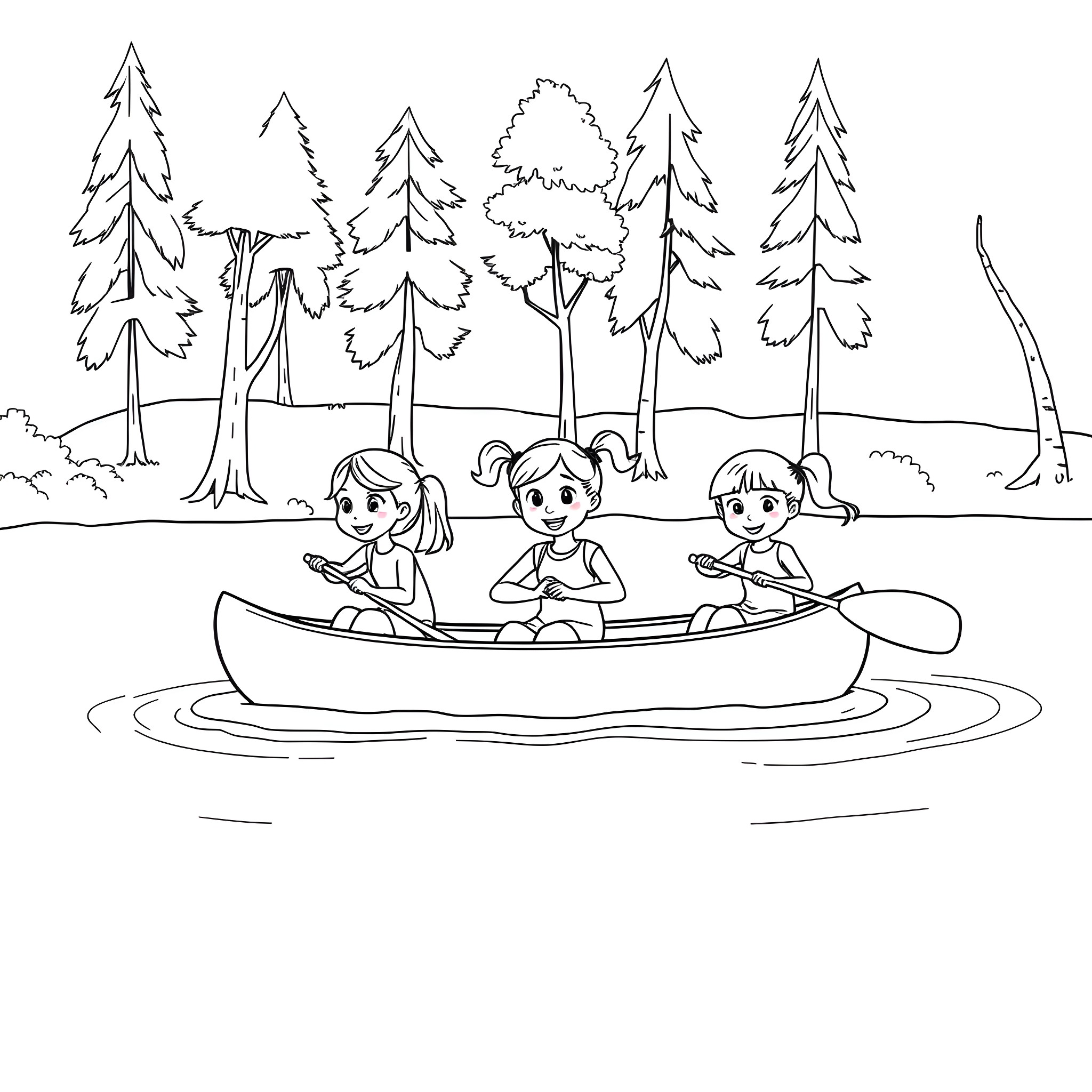 Girls paddling a canoe in the forest Coloring Page (free black-and-white line drawing printable PDF for all, from beginners to advanced learners, including children, teens, adults, and seniors)