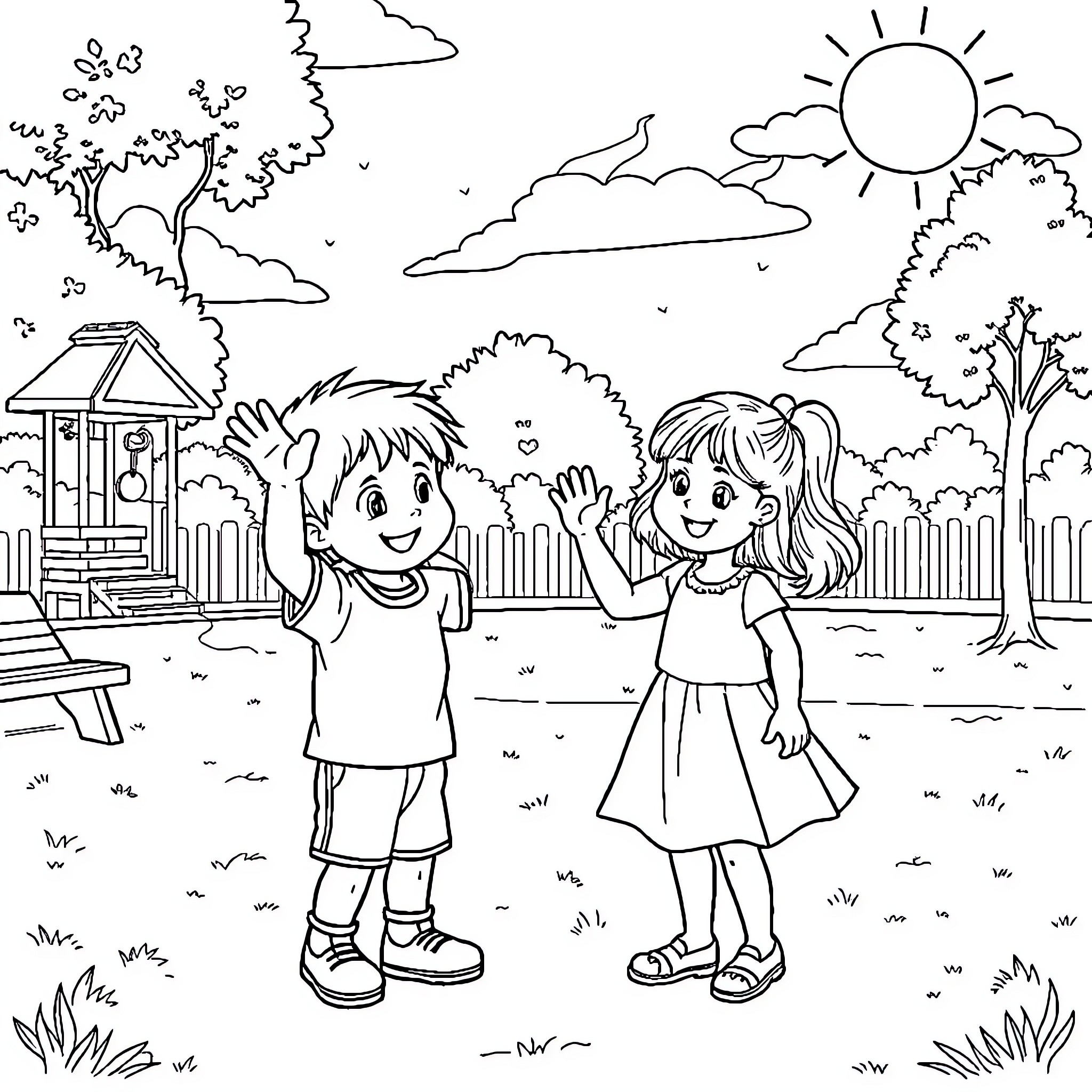 Child playing happily in the park Coloring Page (free black-and-white line drawing printable PDF for all, from beginners to advanced learners, including children, teens, adults, and seniors)