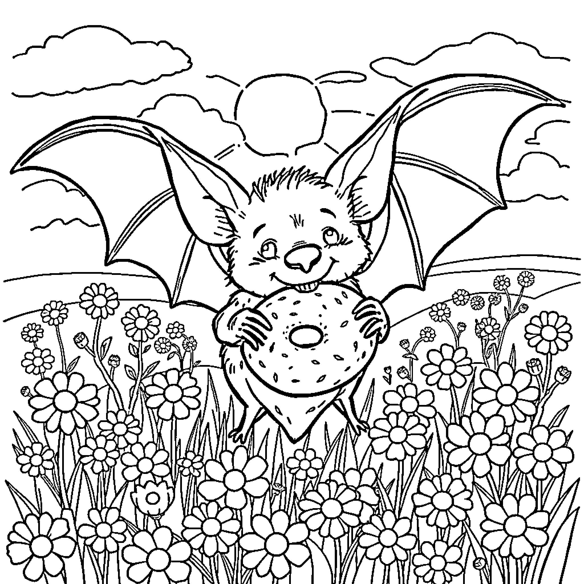 Bat exploring a floral meadow with butterflies Coloring Page (free black-and-white line drawing printable PDF for all, from beginners to advanced learners, including children, teens, adults, and seniors)