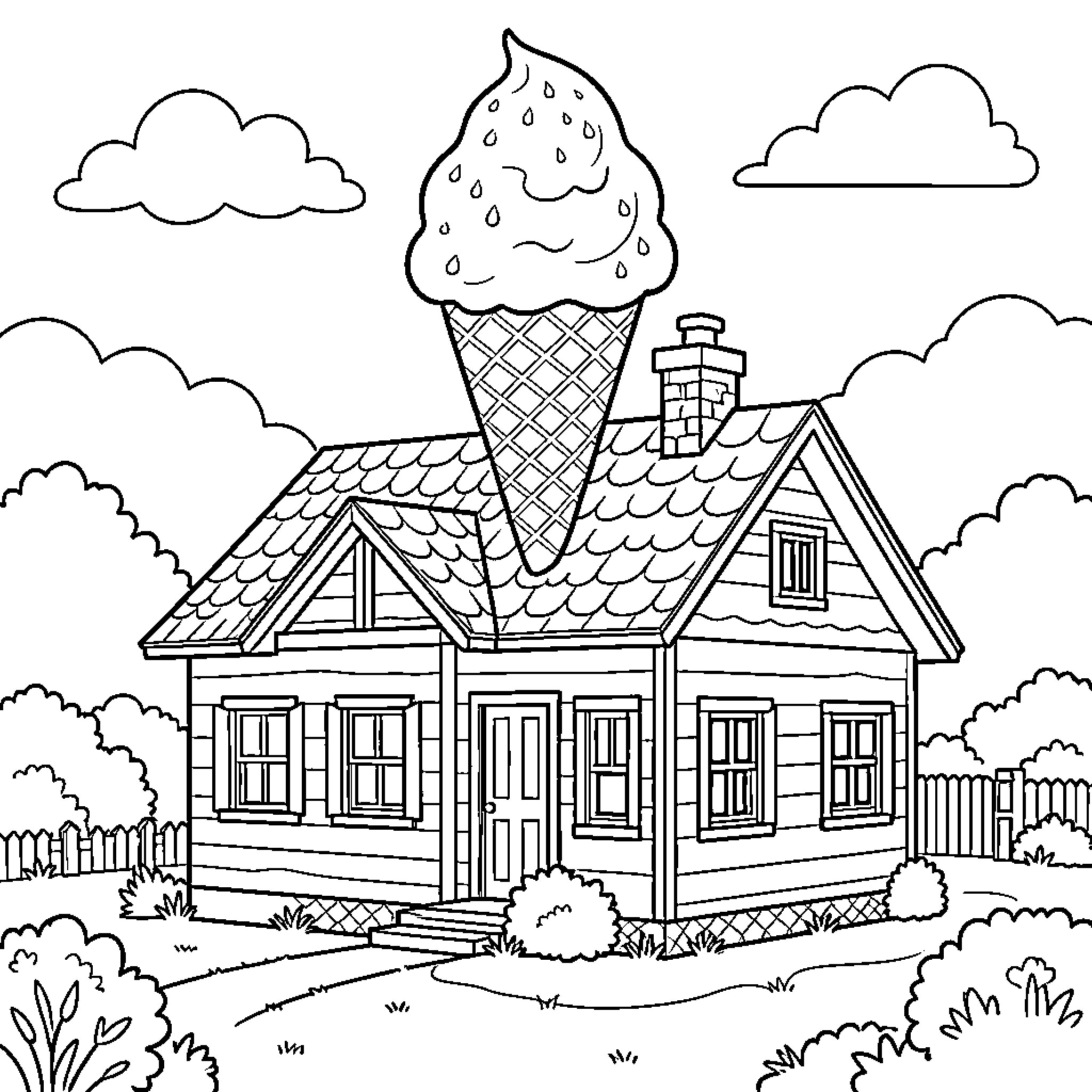 Maison with a giant ice cream cone roof Coloring Page (free black-and-white line drawing printable PDF for all, from beginners to advanced learners, including children, teens, adults, and seniors)